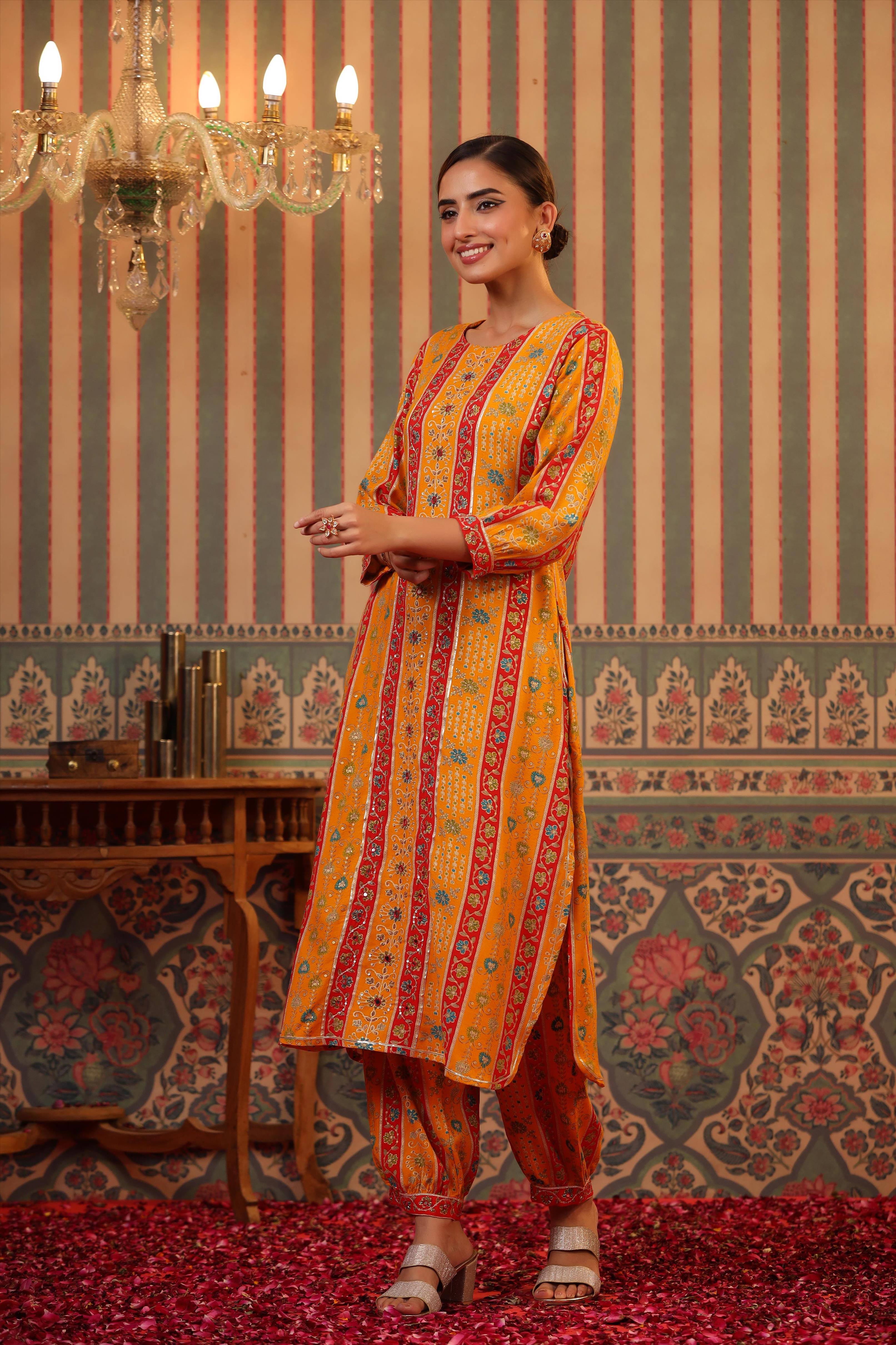 Orange Foil Printed Spanish Silk Pathani Suit Set