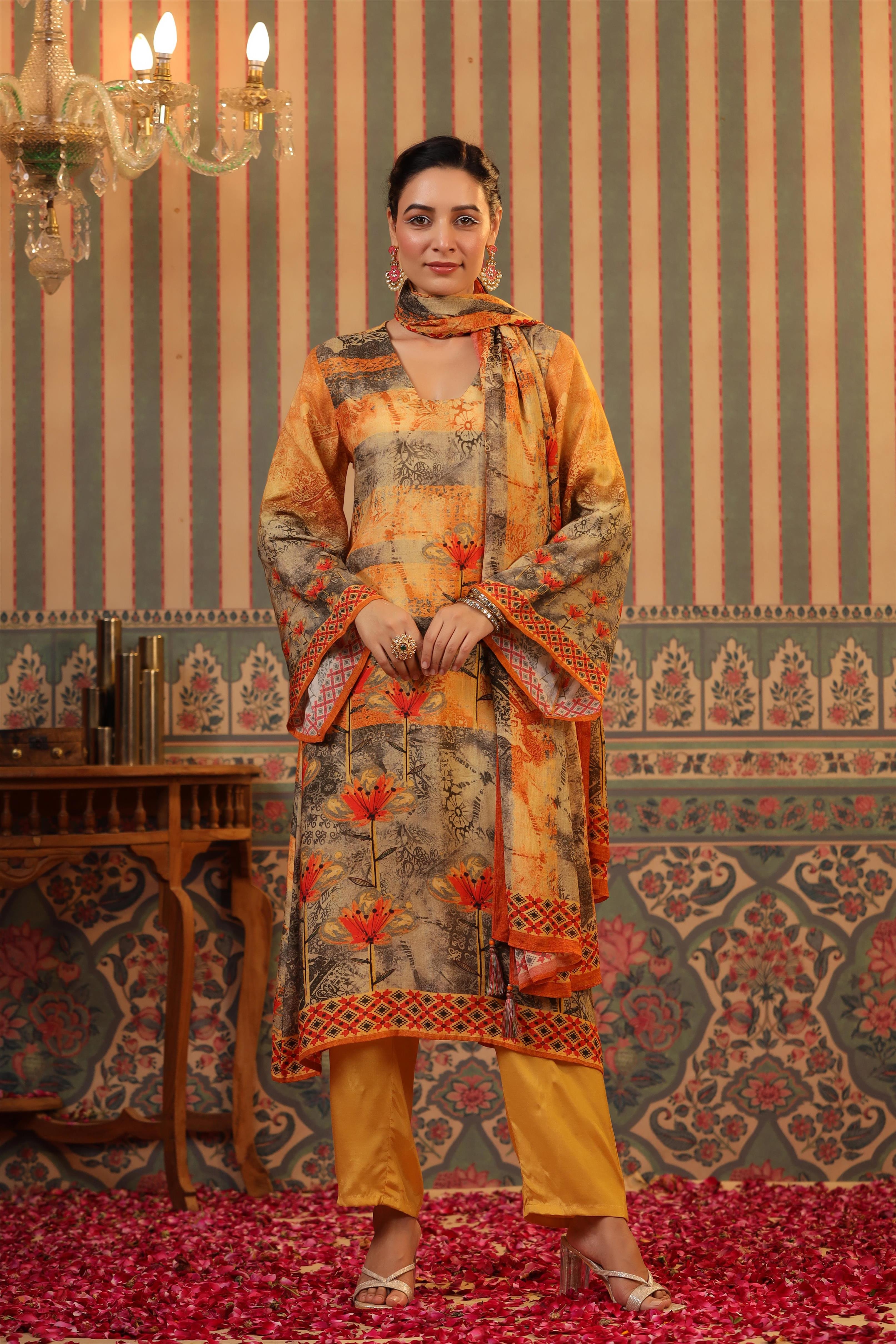 Mustard Floral Printed Crepe Silk Pakistani Pants Set