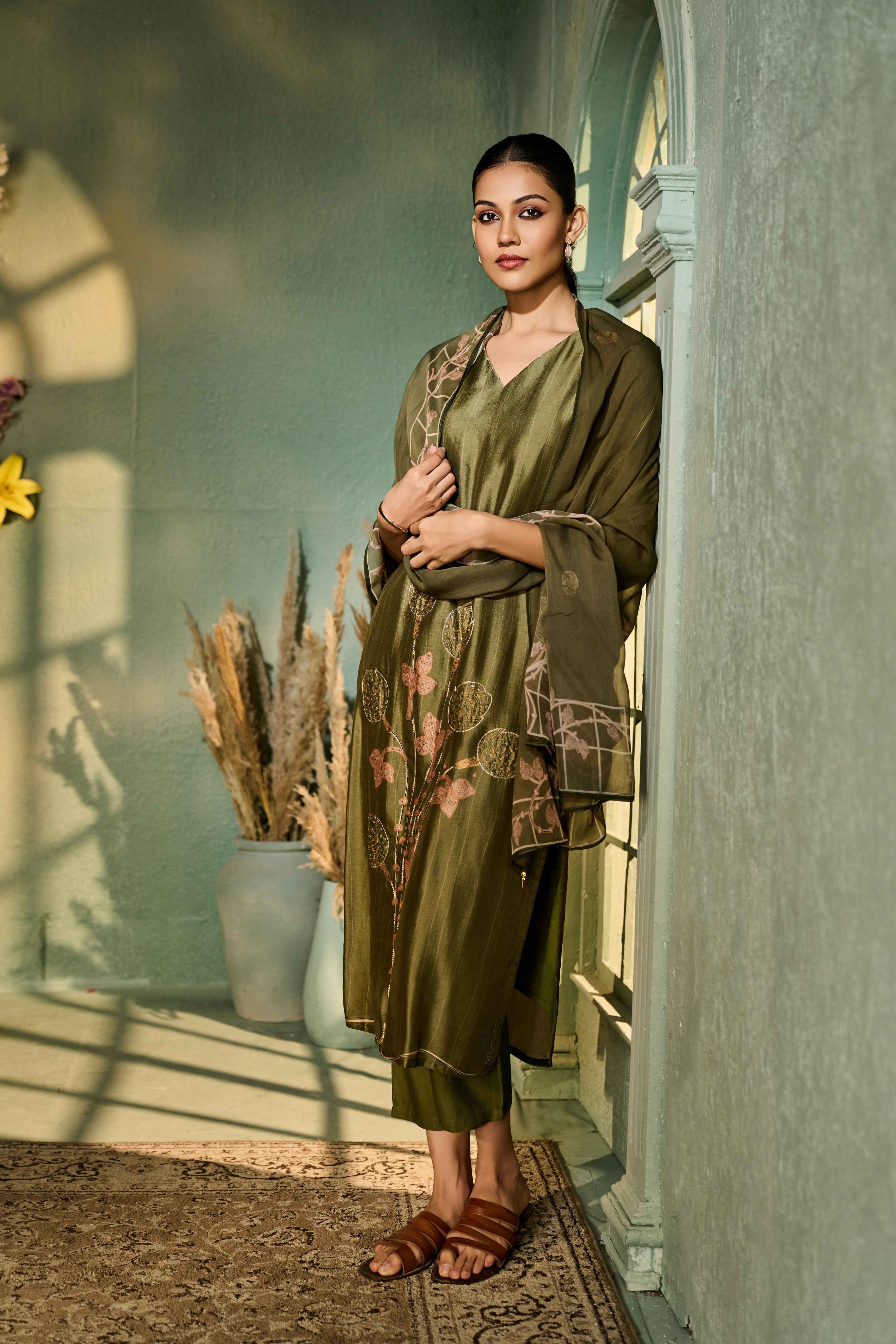 Deep Olive Green Printed Muslin Silk Pant Set