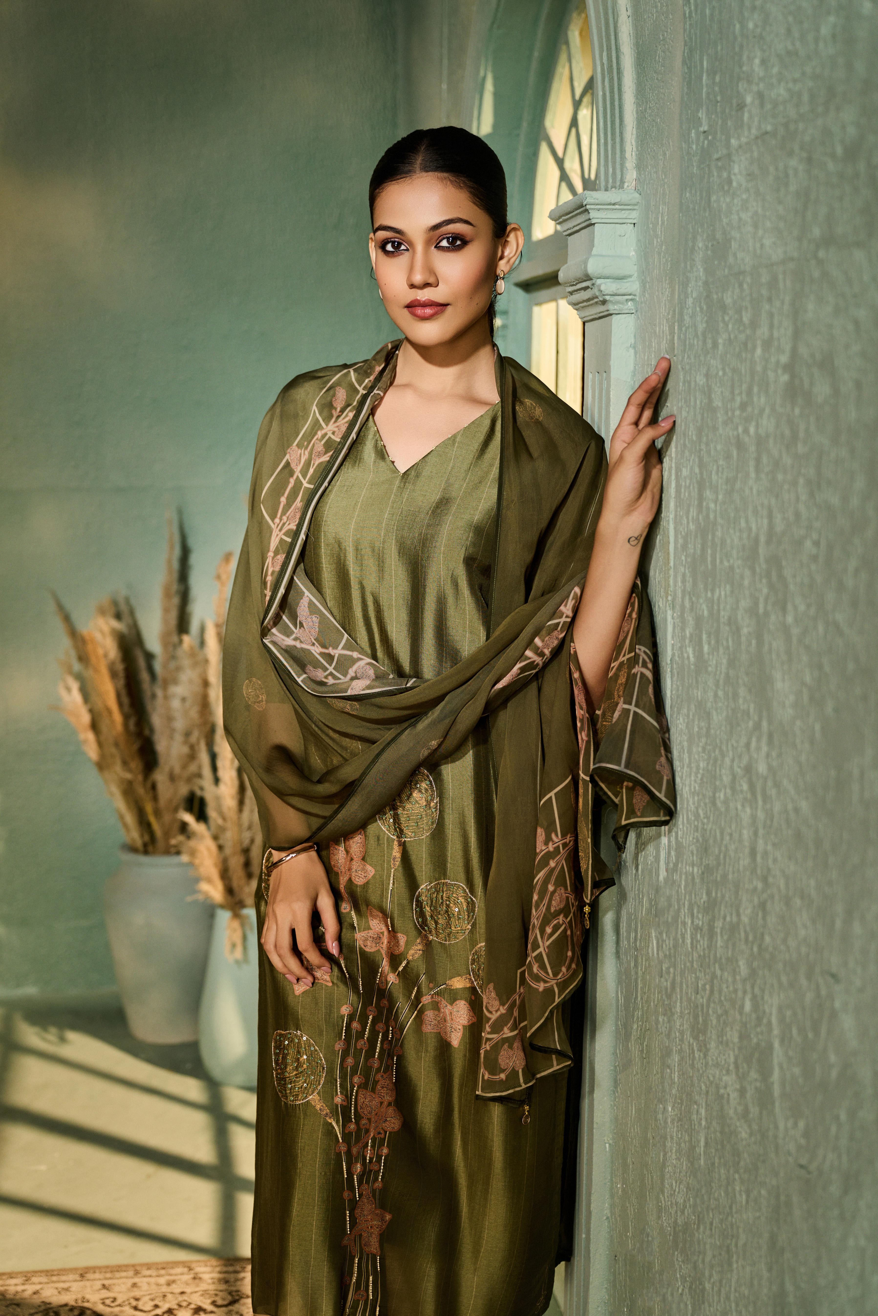 Deep Olive Green Printed Muslin Silk Pant Set