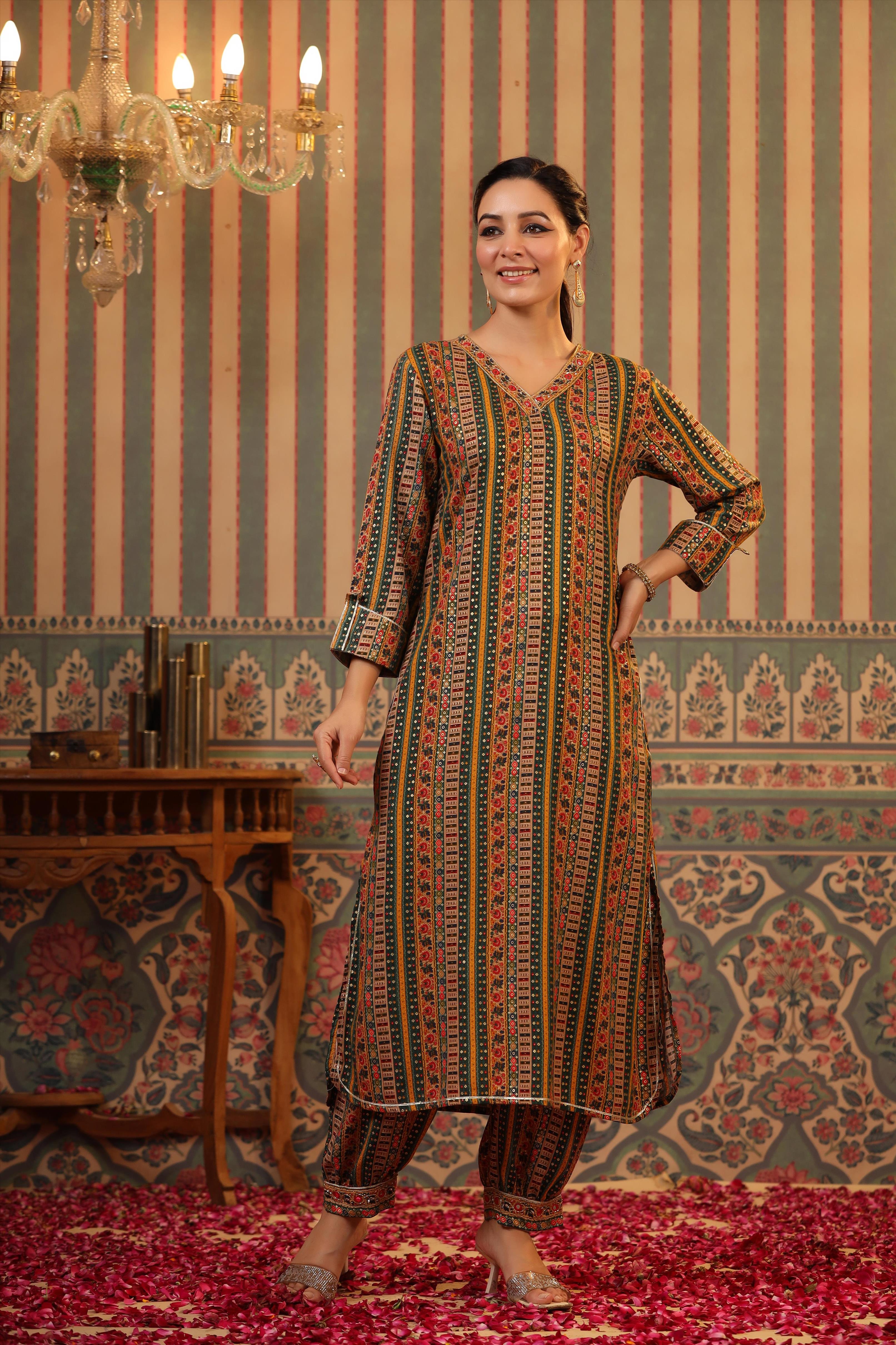 Green Foil Printed Spanish Silk Pathani Suit Set