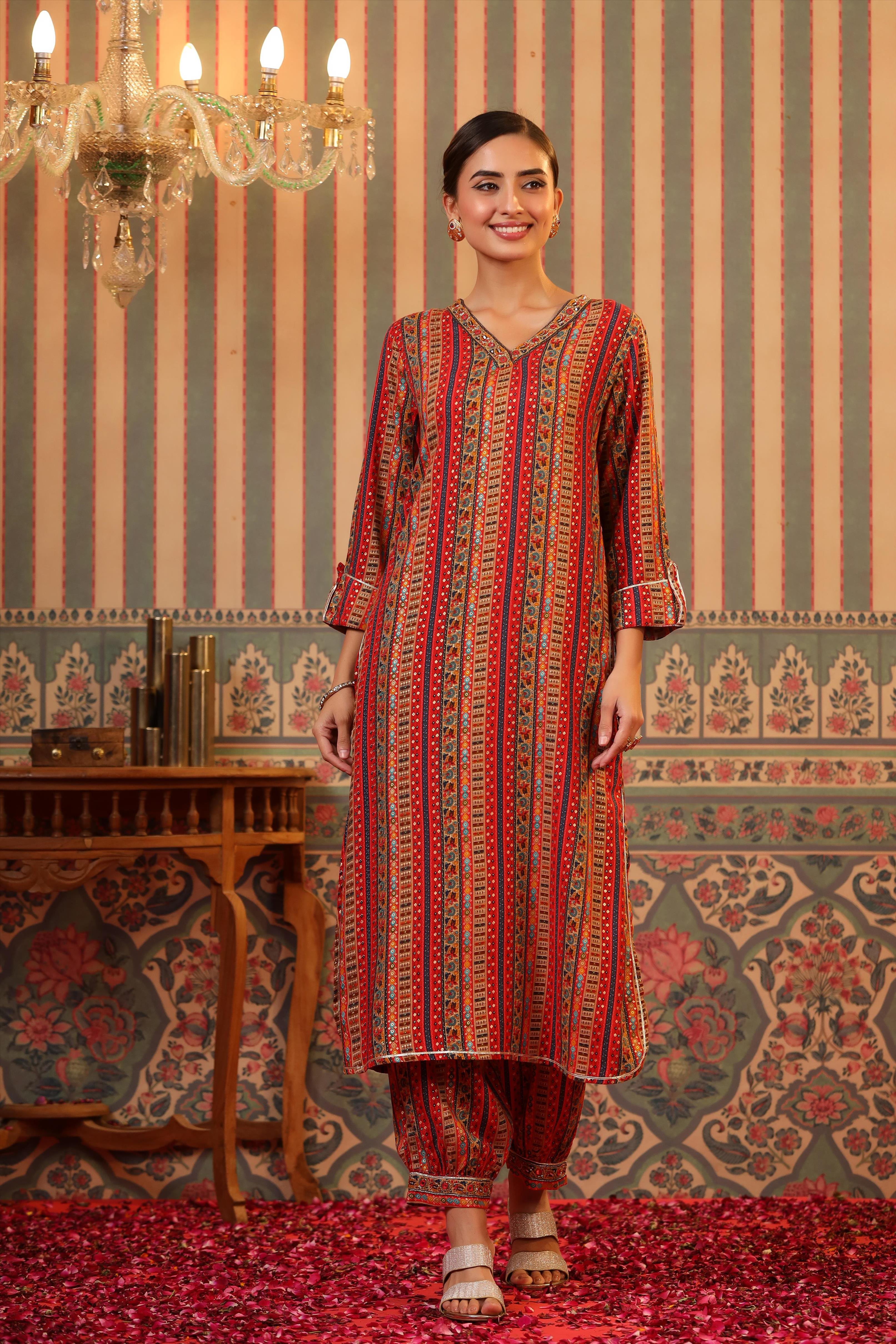 Red Foil Printed Spanish Silk Pathani Suit Set