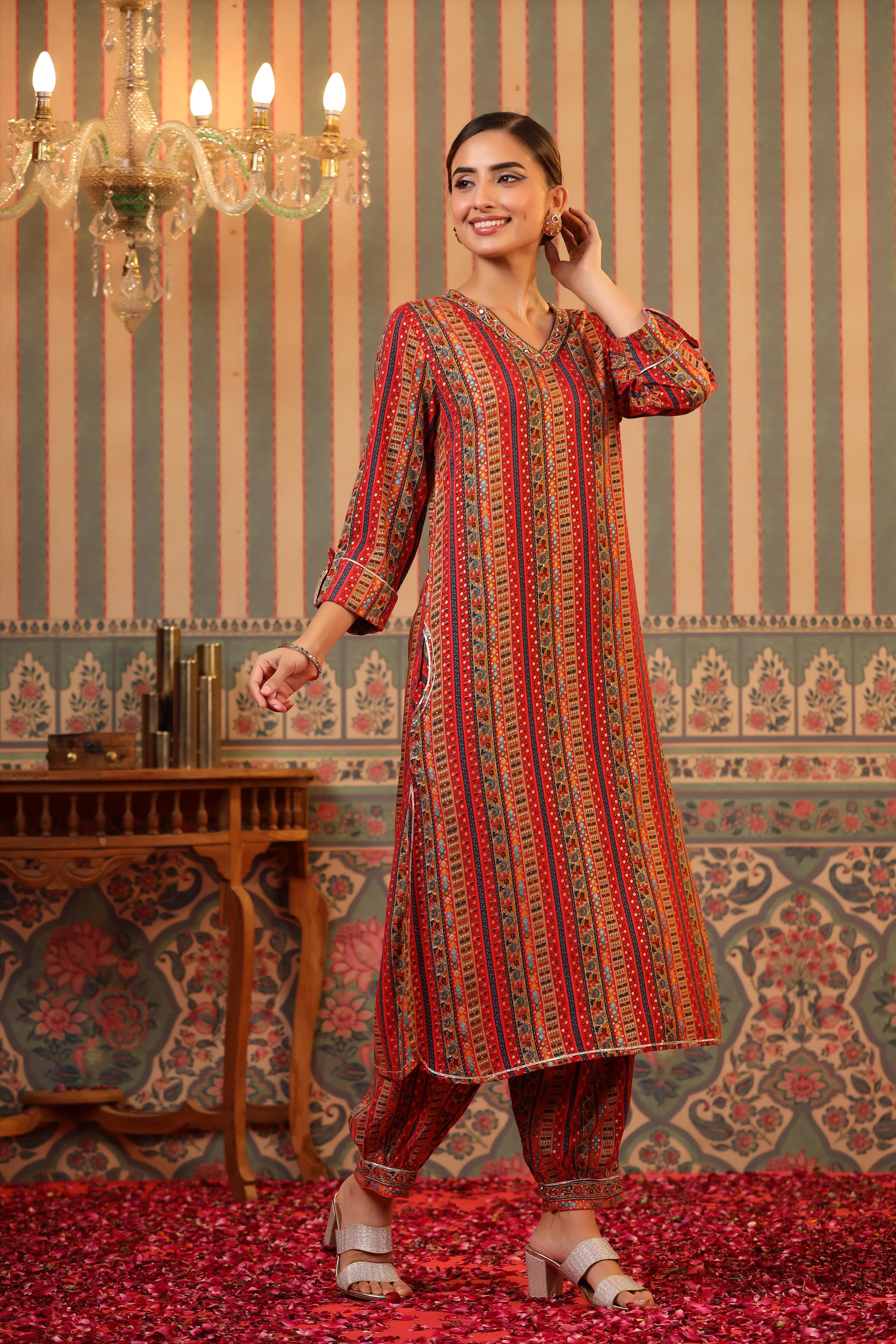 Red Foil Printed Spanish Silk Pathani Suit Set