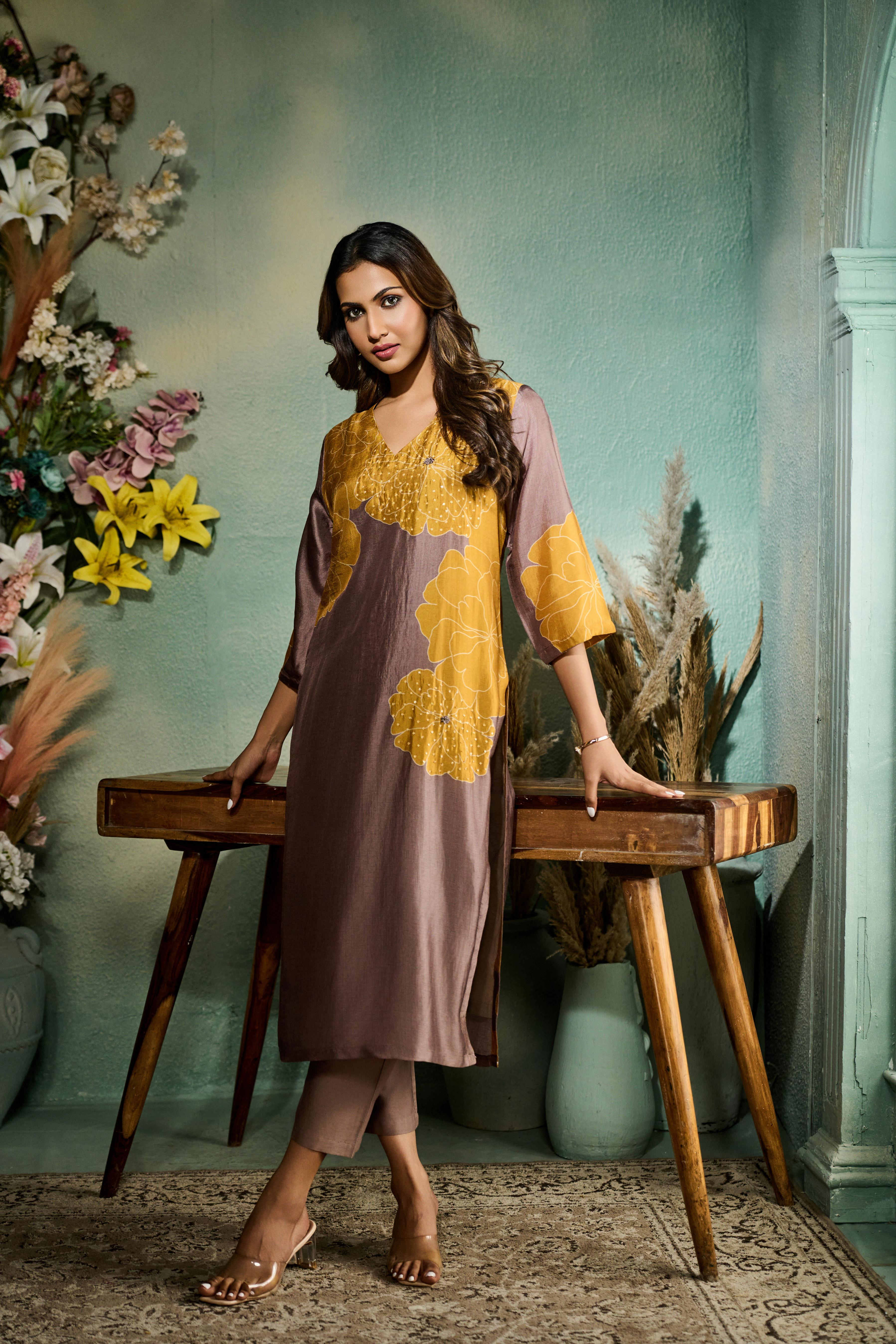 Mauve-Brown Printed Muslin Silk Kurta Set