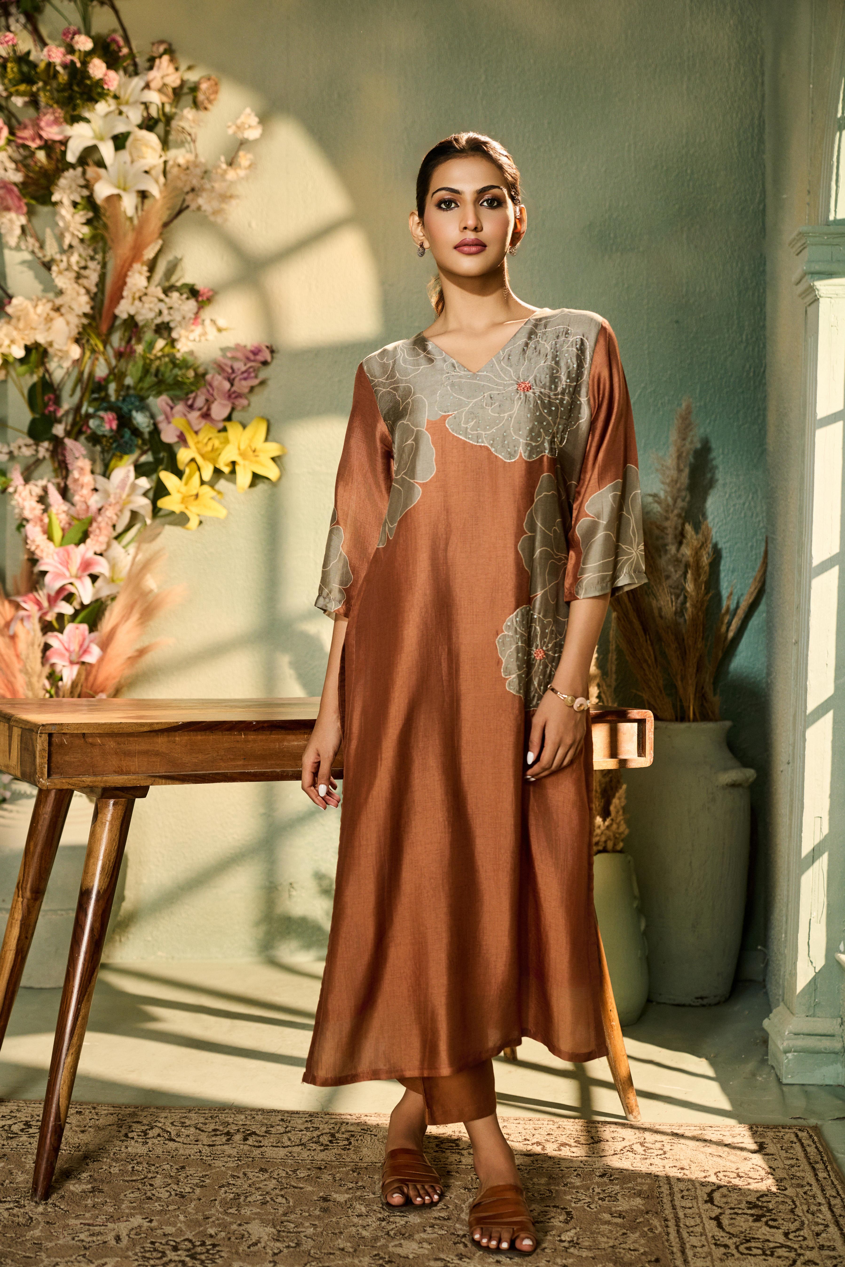 Burnt Orange Printed Muslin Silk Kurta Set
