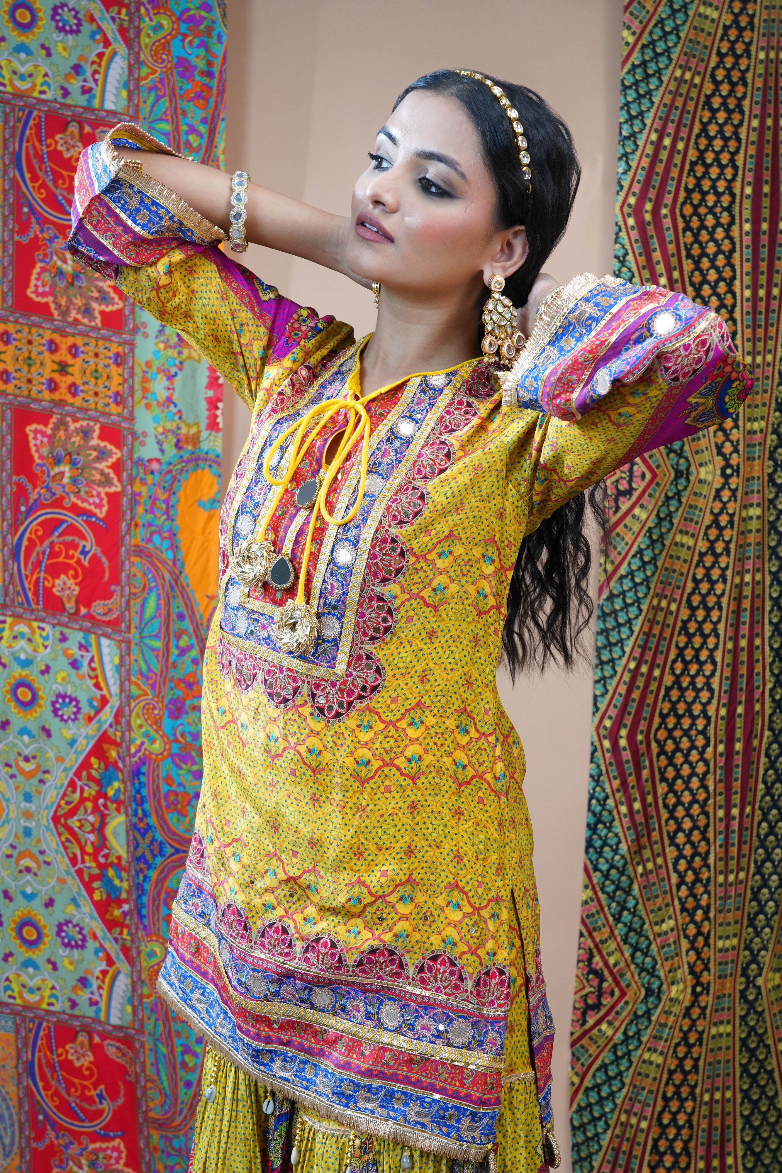 Festive Yellow Ethnic Printed Crepe Silk Sharara Set