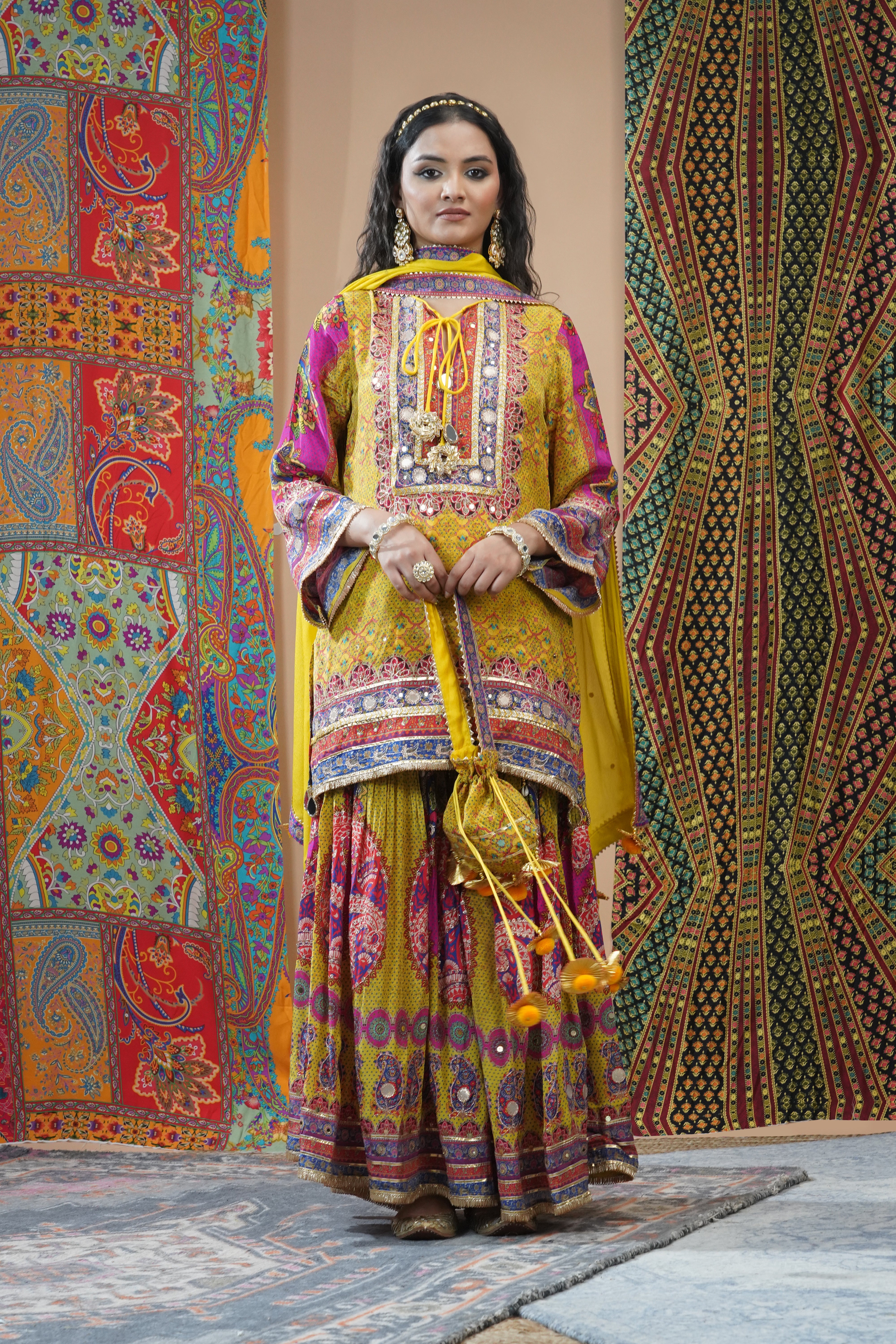 Festive Yellow Ethnic Printed Crepe Silk Sharara Set