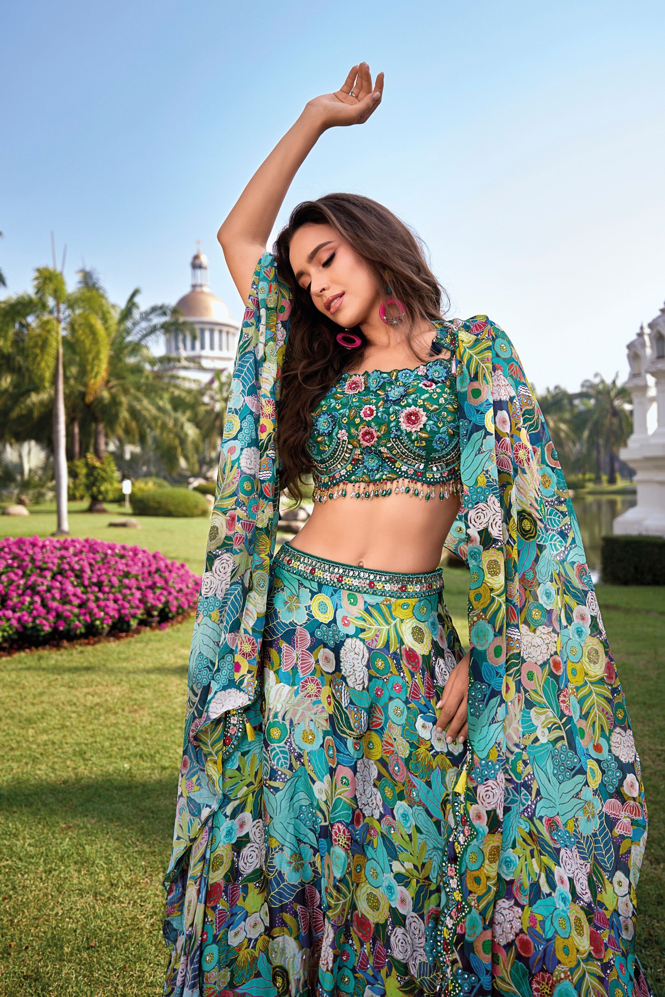 Deep Green Floral Printed Chinon Silk Lehenga Set