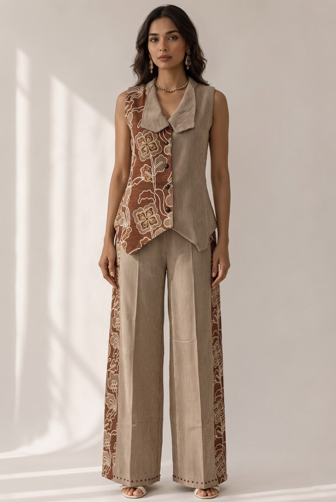 Deep Beige Woven Cotton Tweed Co-Ord Set