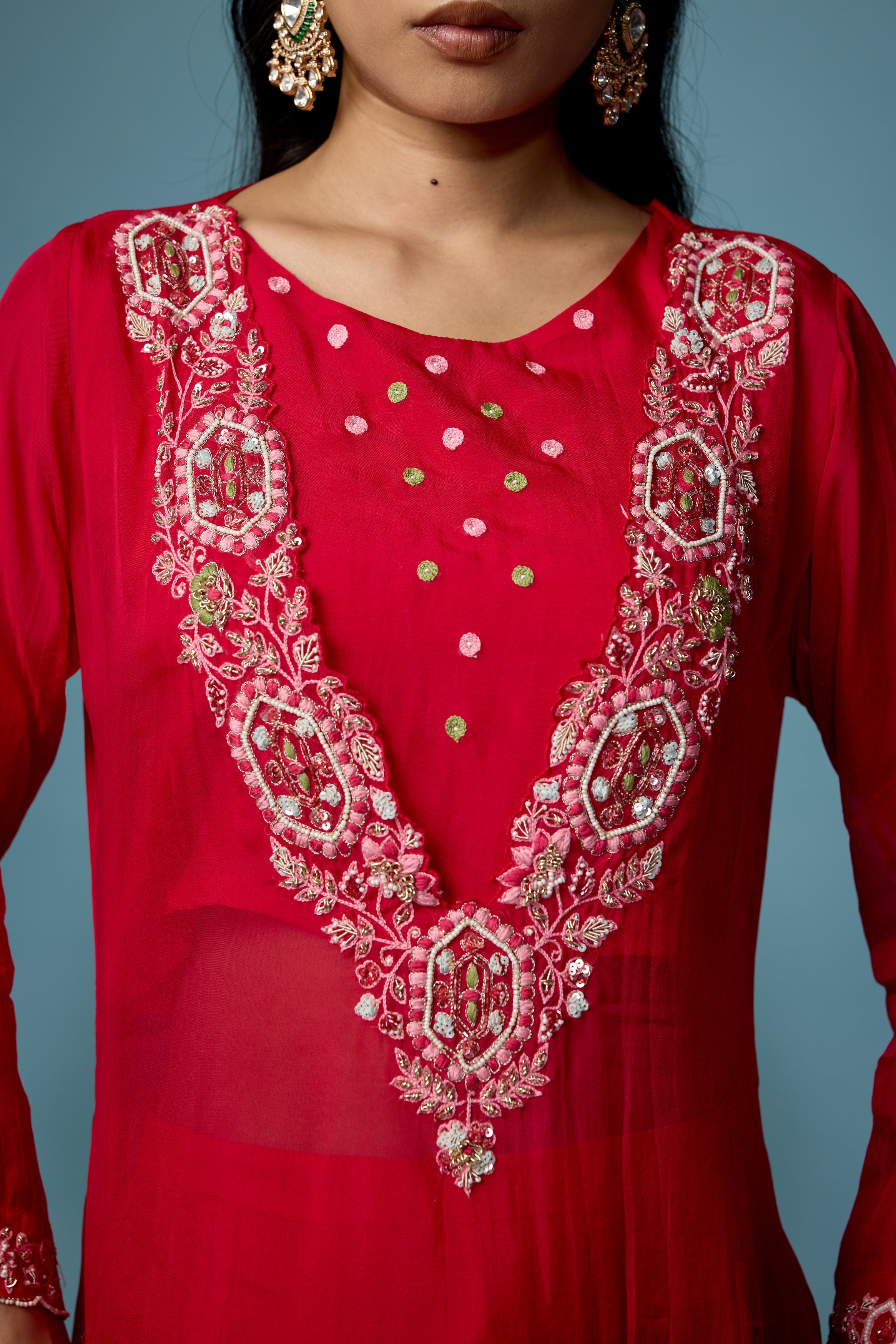 Raspberry Pink Embellished Soft Organza Silk Pant Set