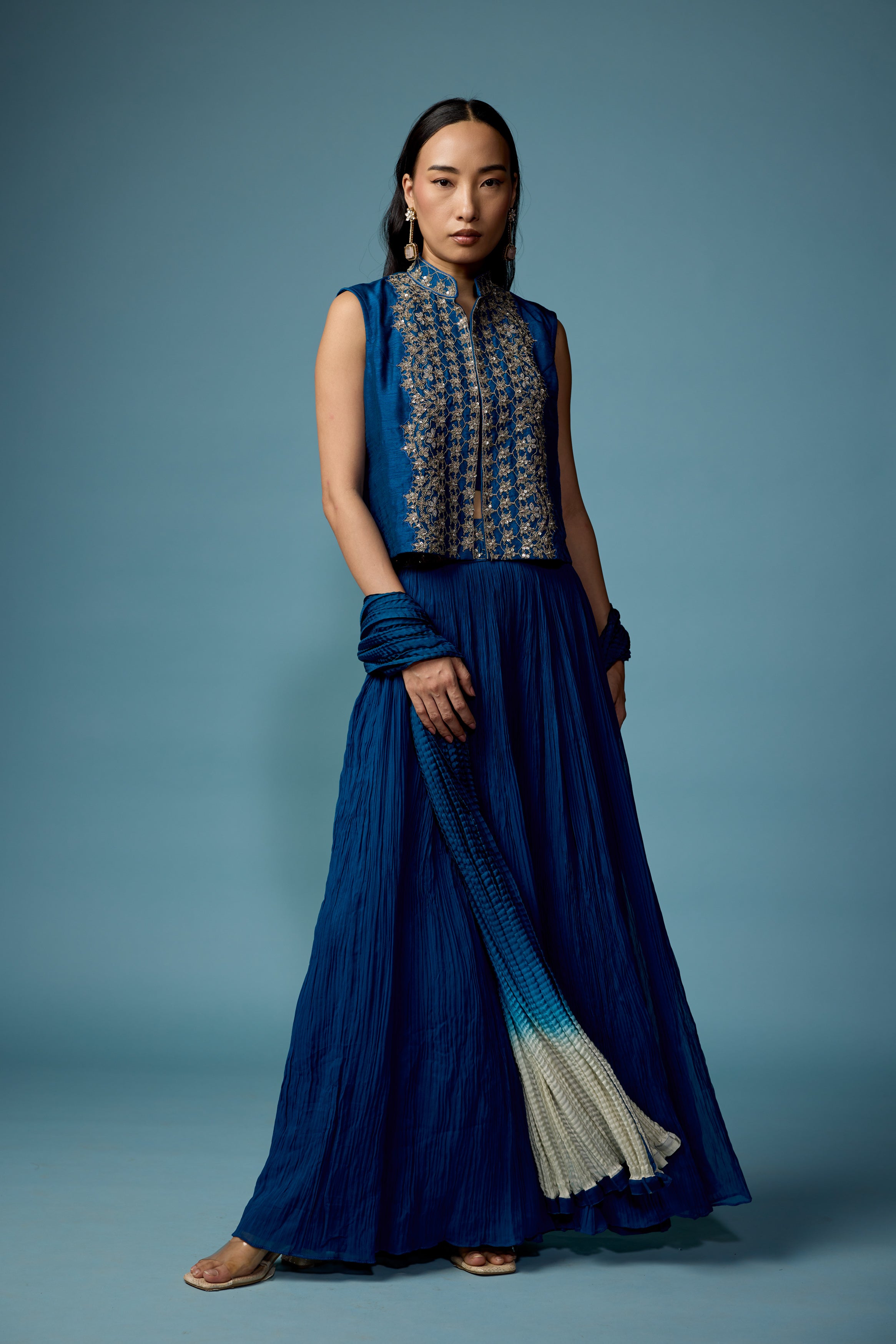 Teal Blue Embellished Georgette Silk Palazzo Set