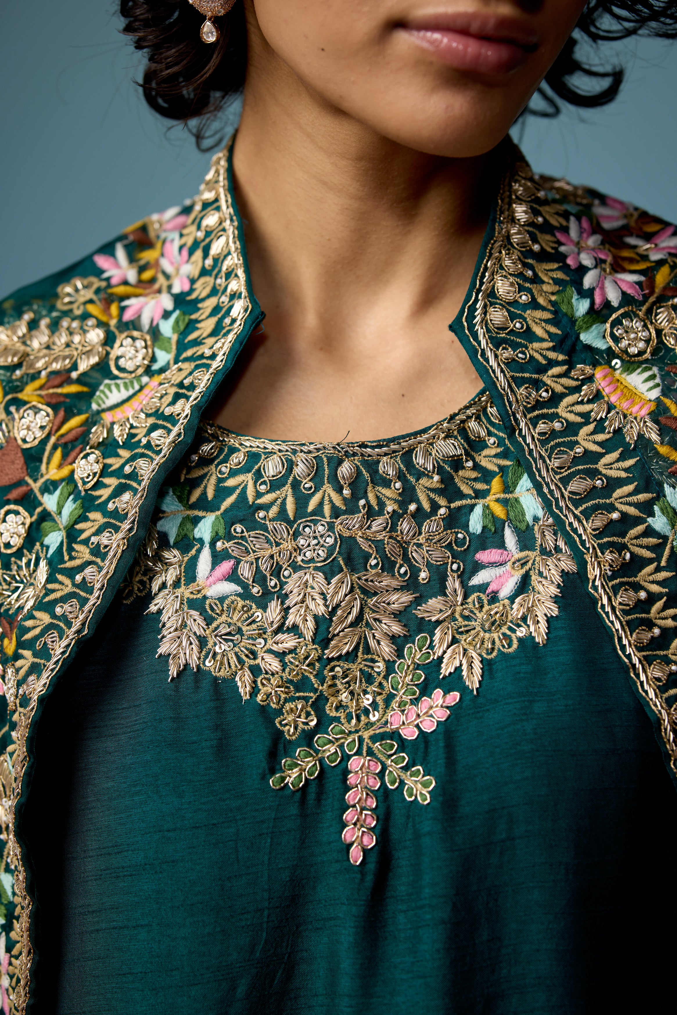 Bottle Green embellished Raw Silk Cape Set