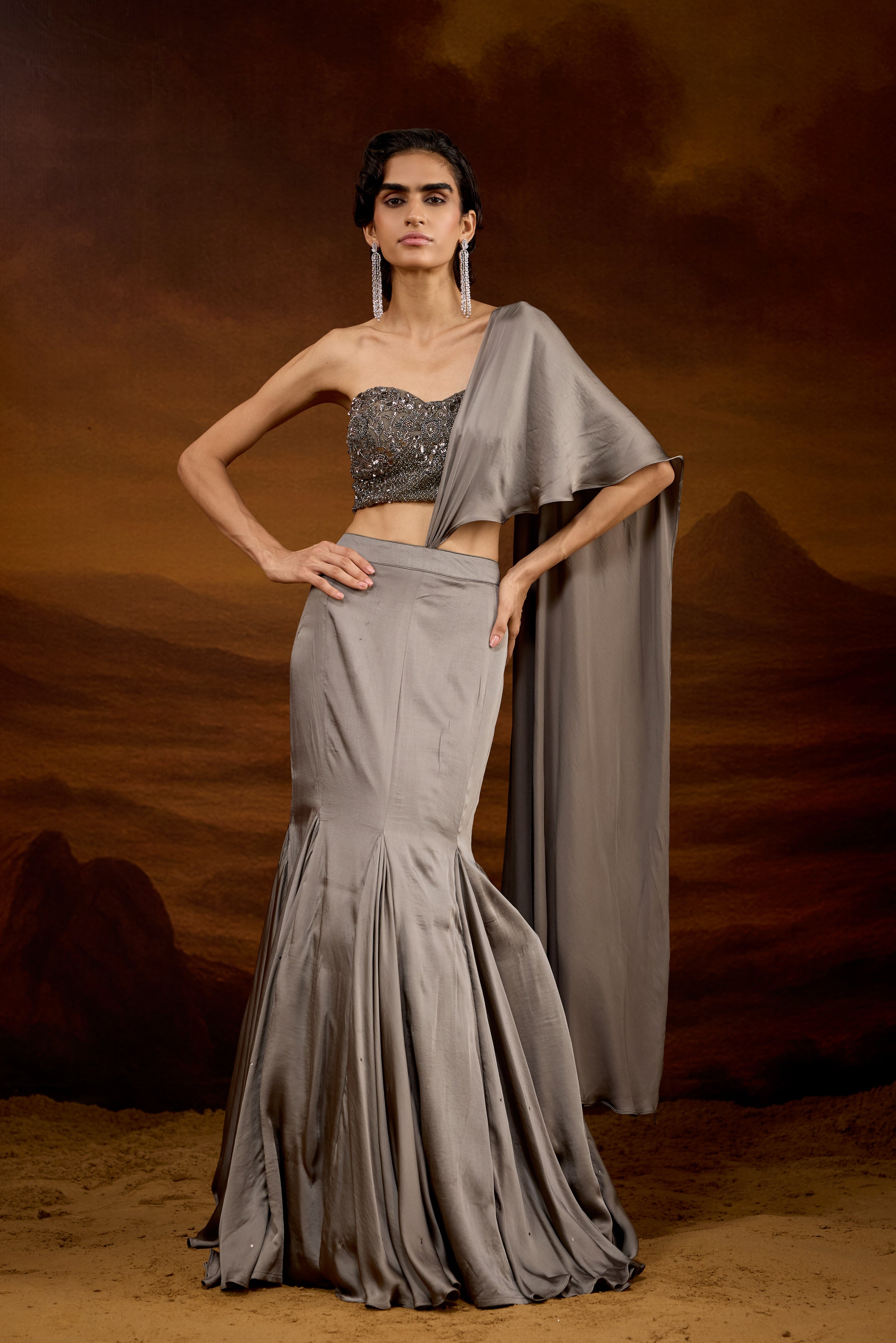 Slate Grey Embellished Satin Silk Skirt Set