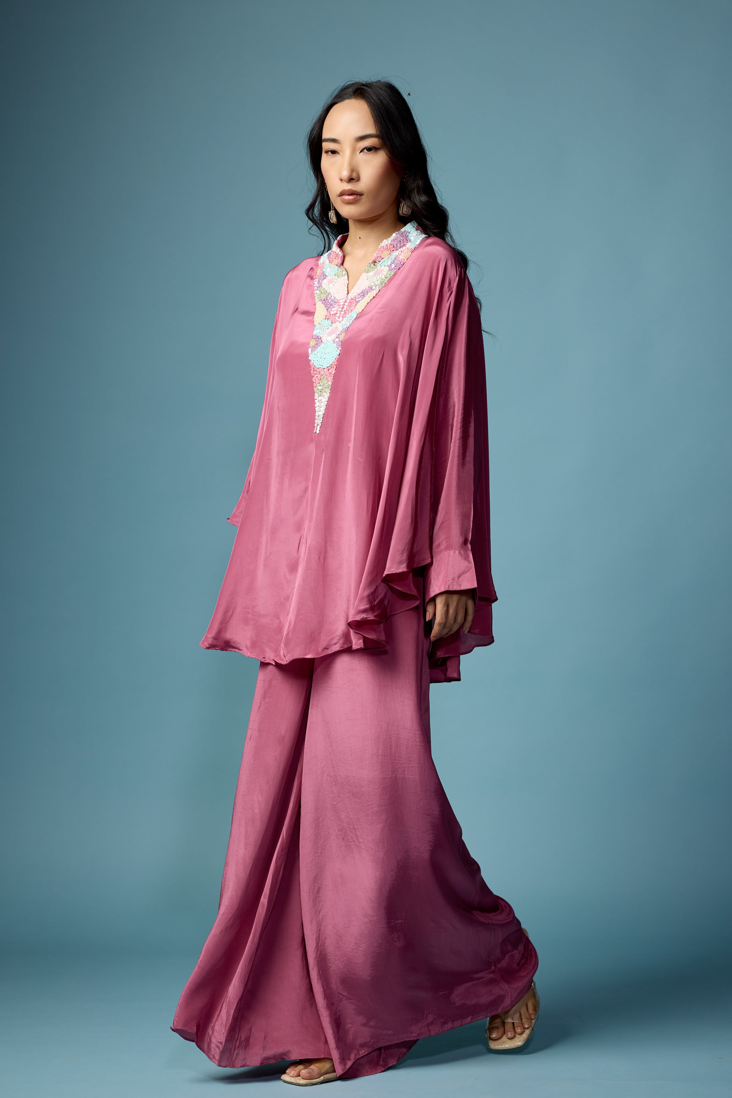 Dusty Pink Embellished Satin Silk Co-Ord Set