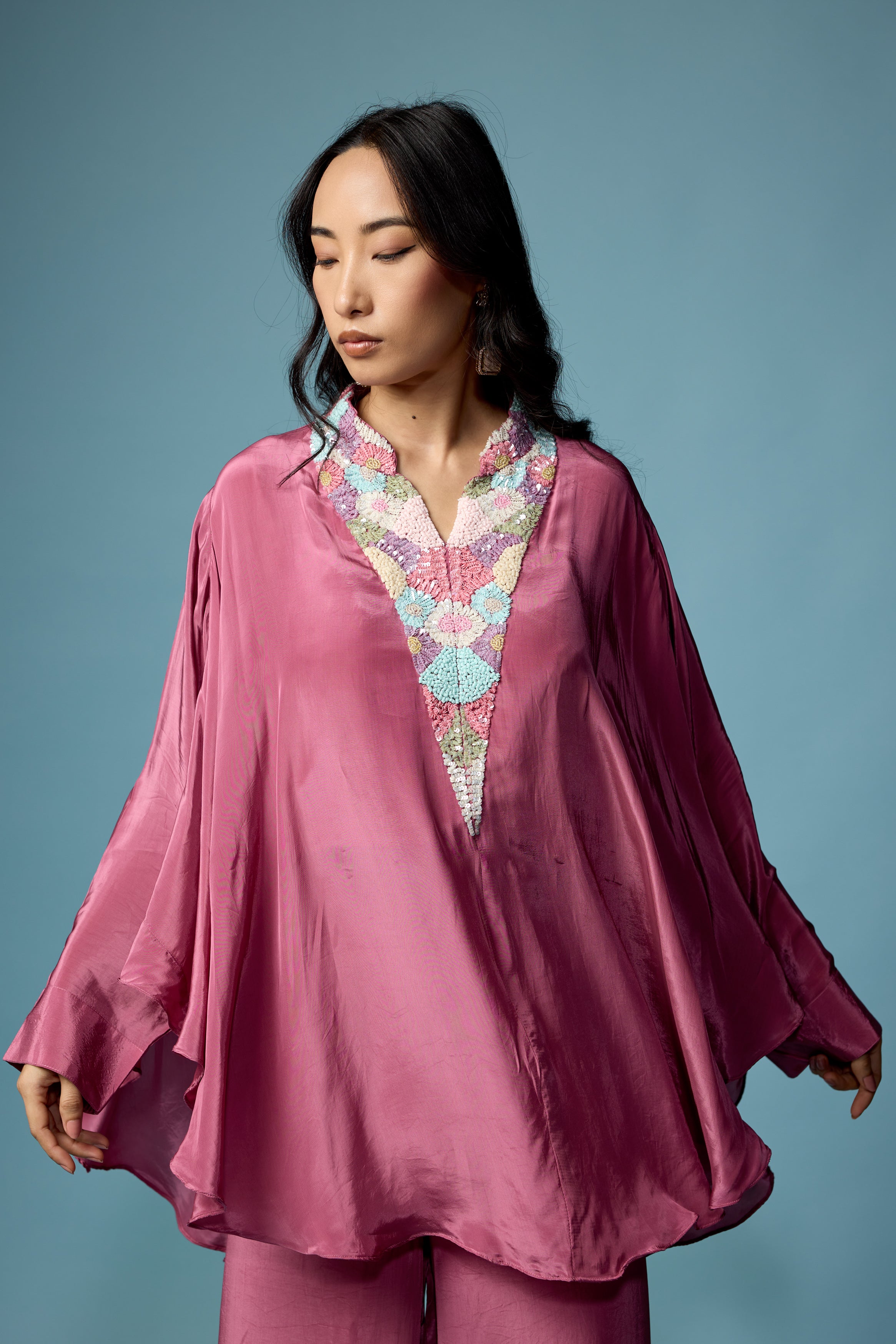 Dusty Pink Embellished Satin Silk Co-Ord Set