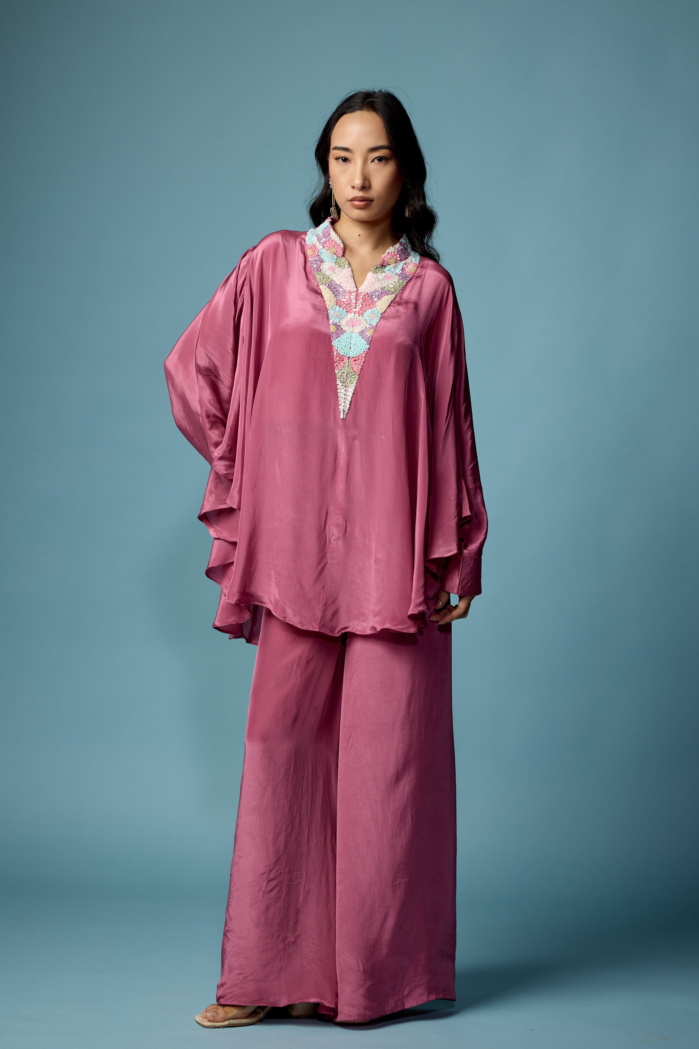 Dusty Pink Embellished Satin Silk Co-Ord Set
