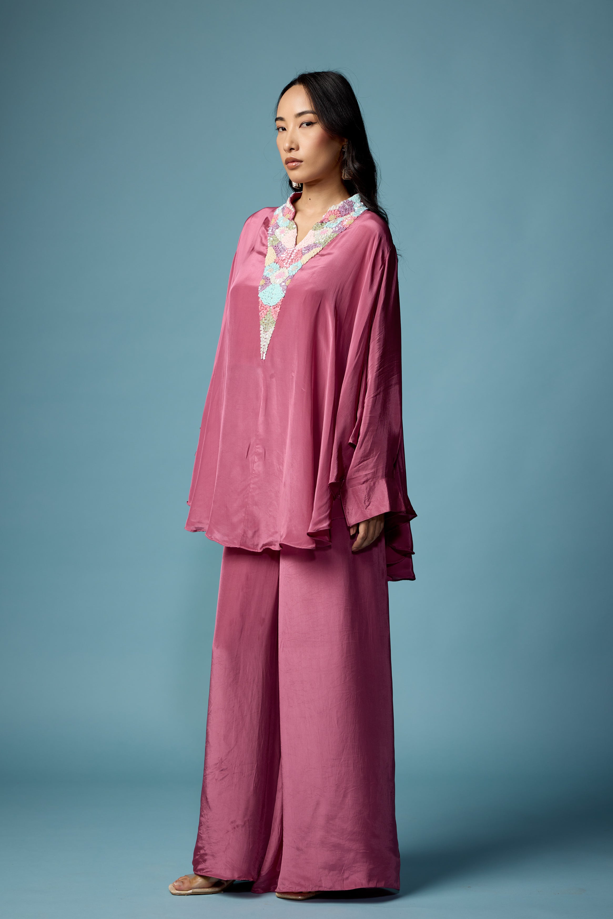 Dusty Pink Embellished Satin Silk Co-Ord Set