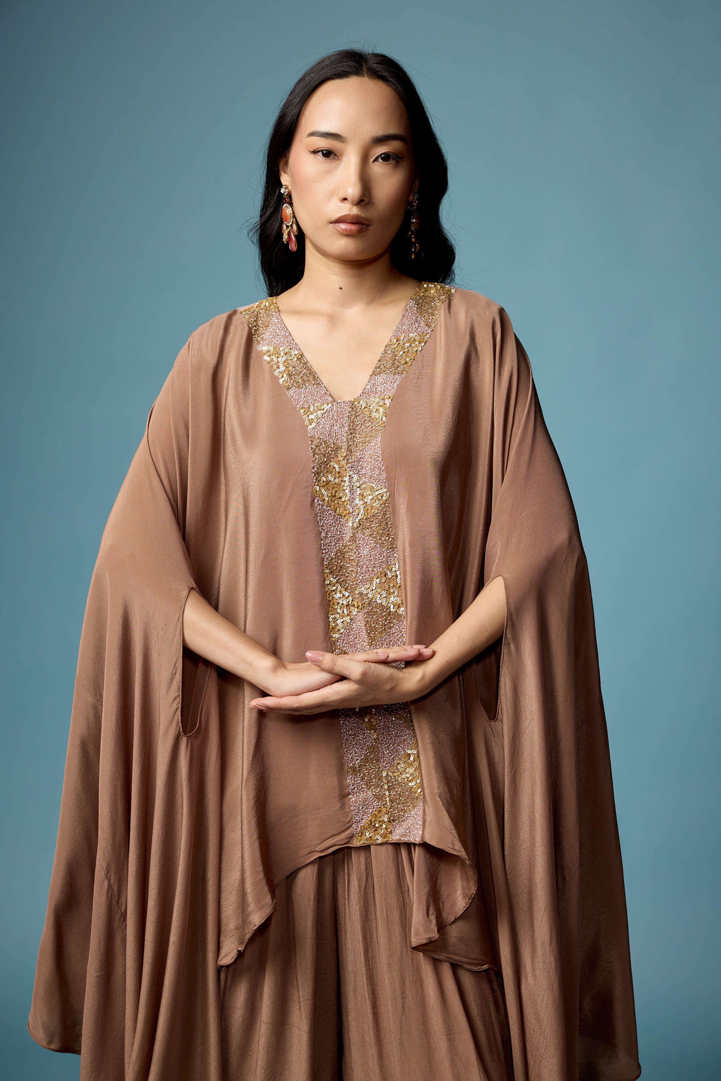 Earthy Brown Embellished Satin Silk Dhoti Set