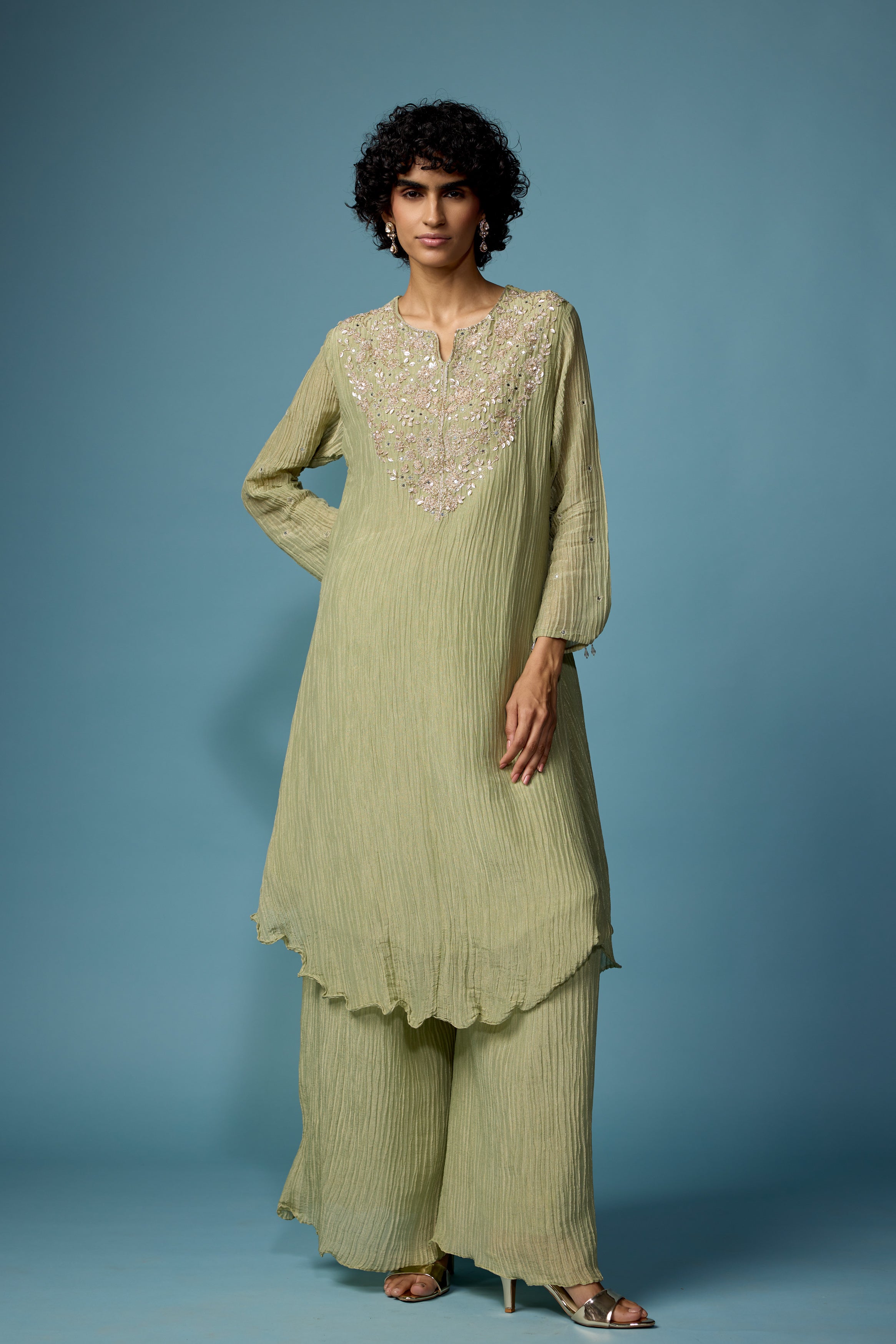 Sage Green Embellished Premium Silk Palazzo Set