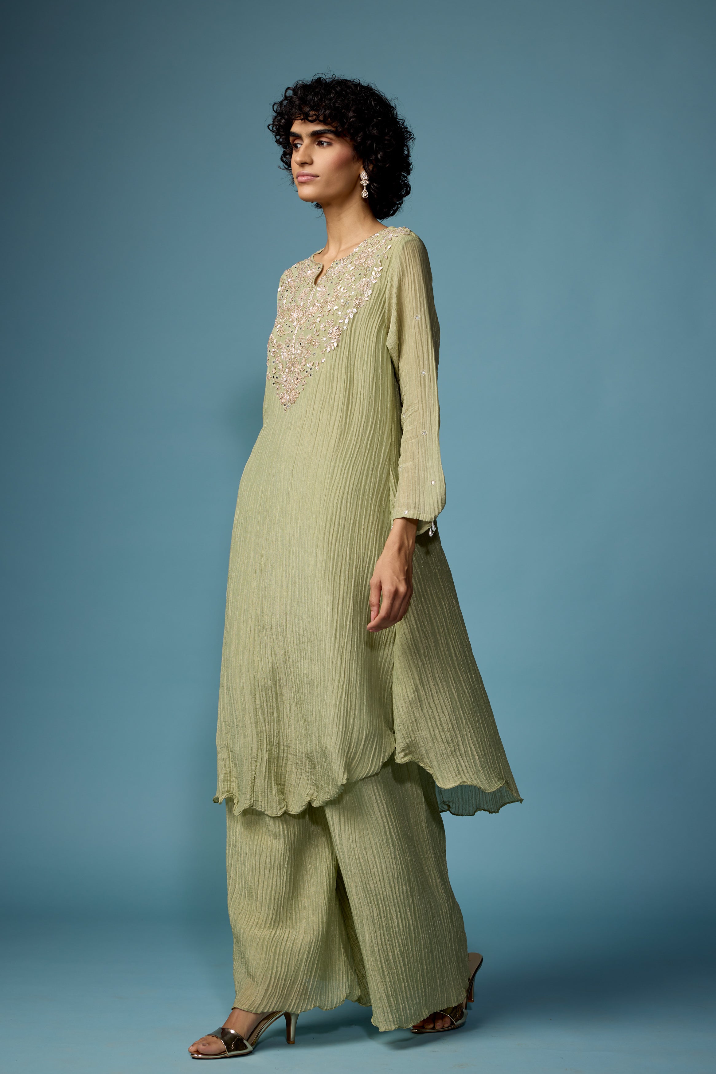 Sage Green Embellished Premium Silk Palazzo Set