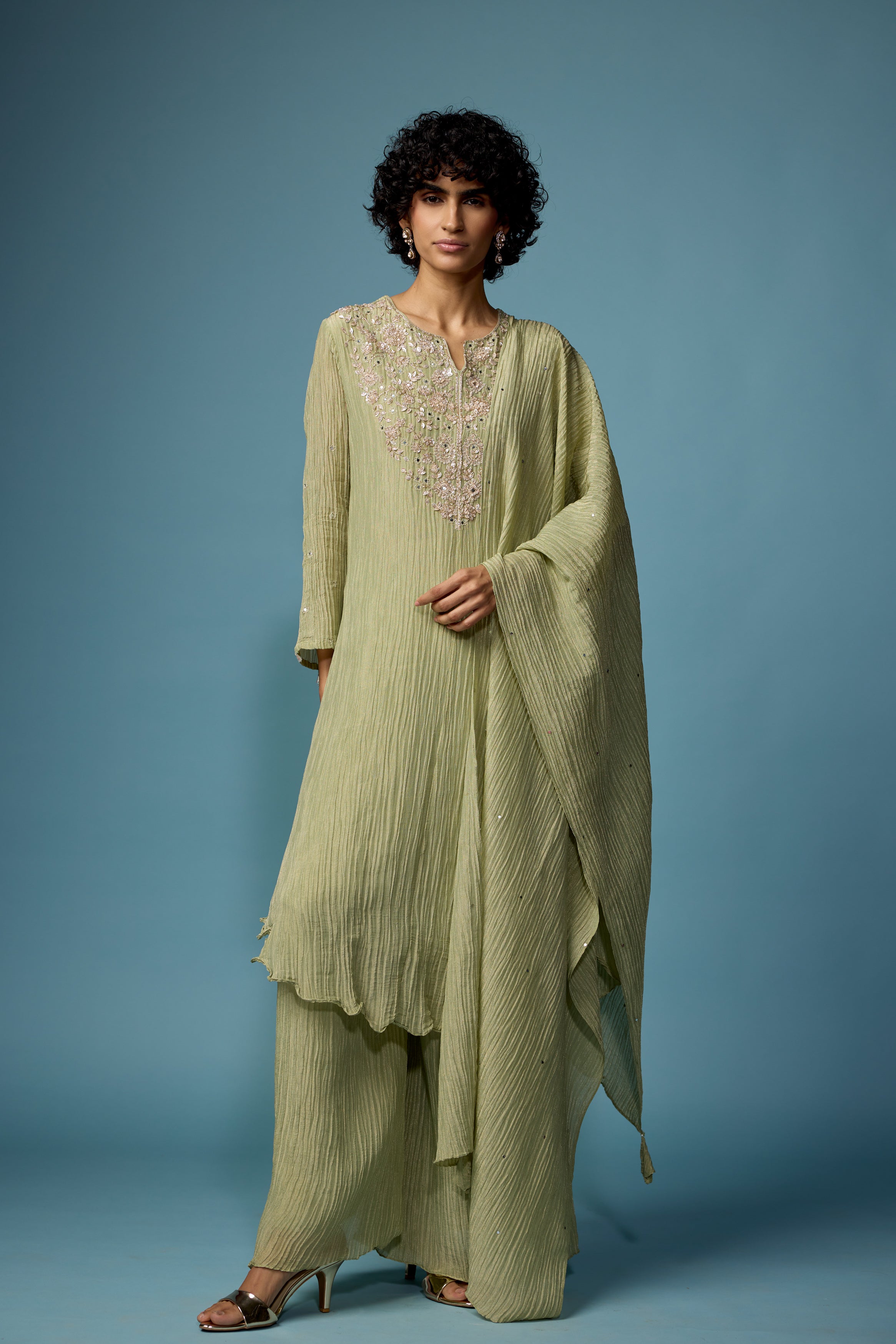 Sage Green Embellished Premium Silk Palazzo Set