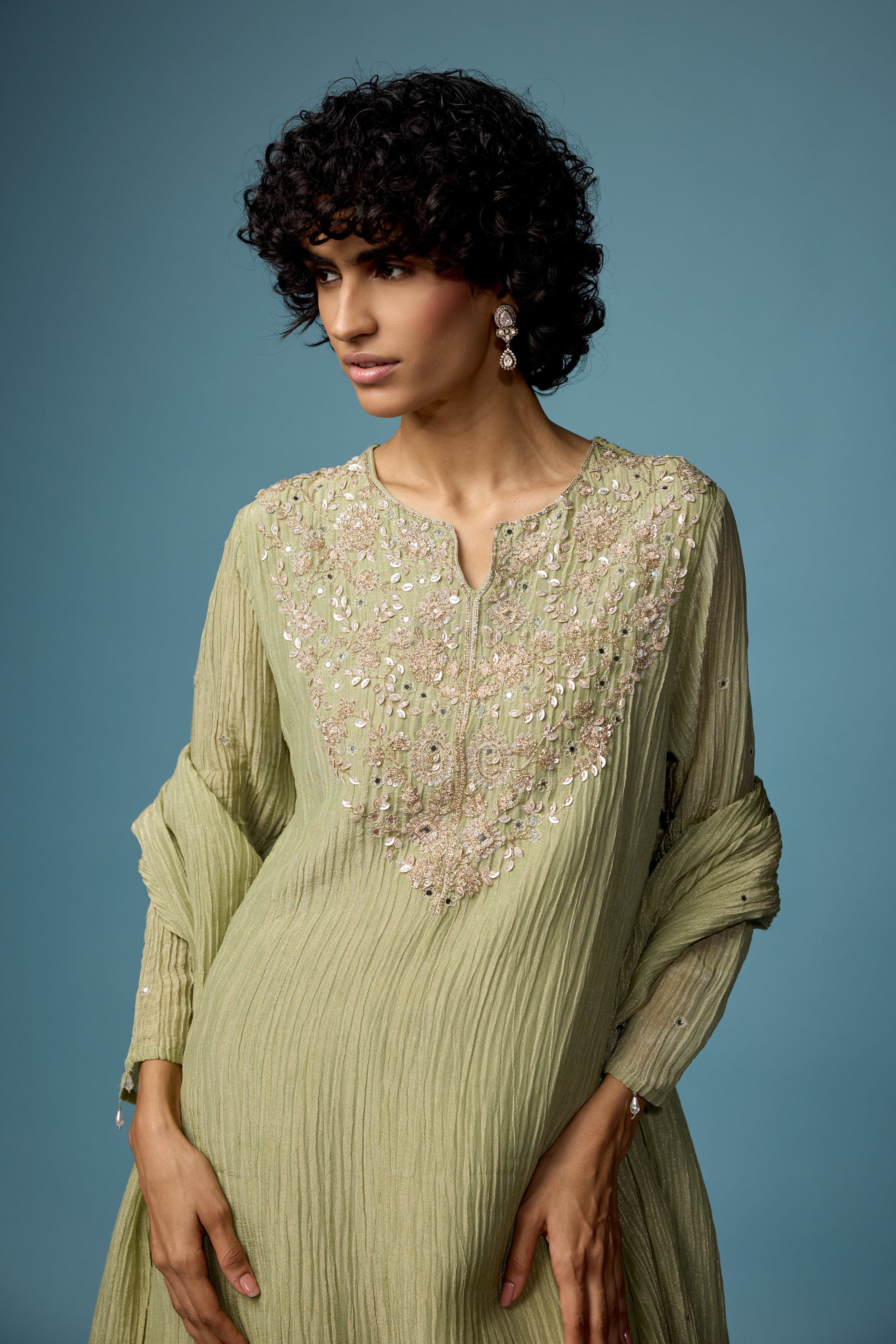 Sage Green Embellished Premium Silk Palazzo Set