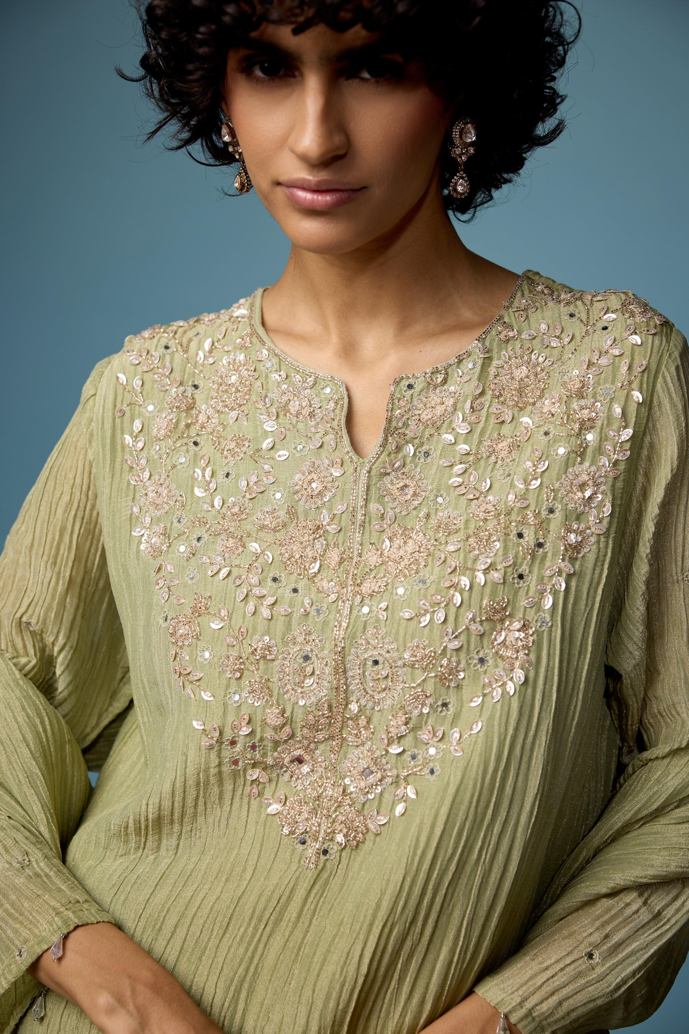 Sage Green Embellished Premium Silk Palazzo Set