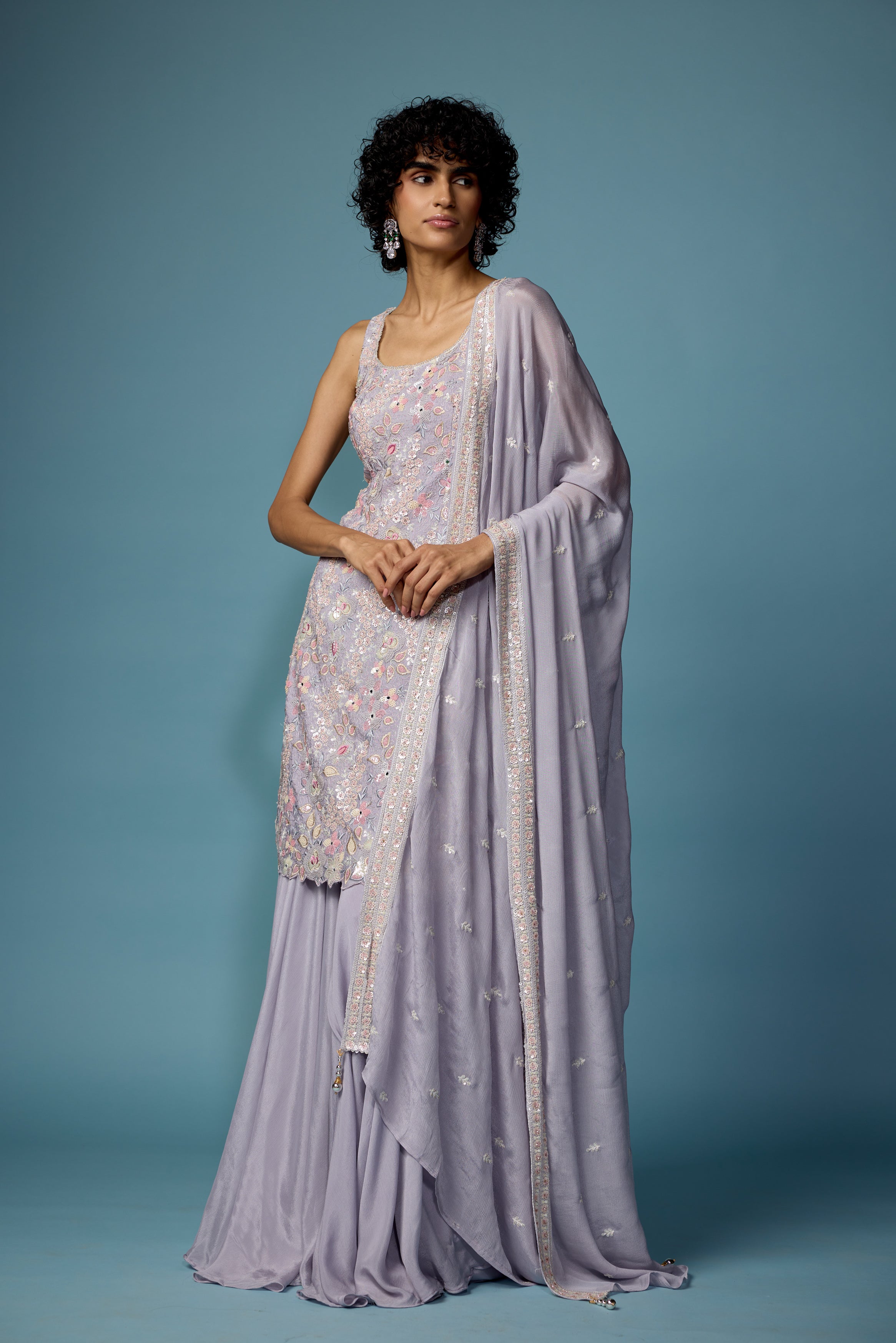 Light Purple Embellished Chinon Silk Palazzo Set