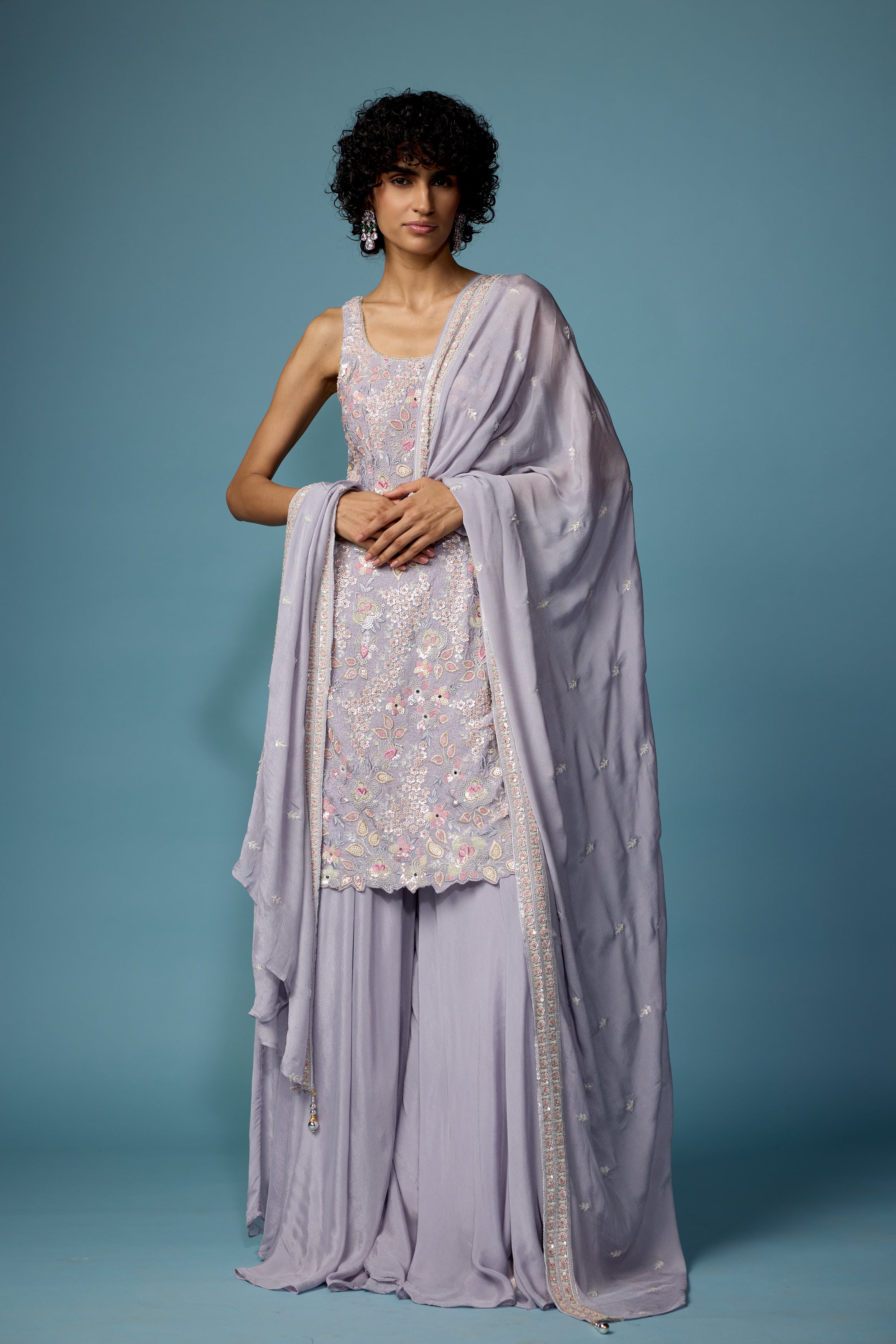 Light Purple Embellished Chinon Silk Palazzo Set