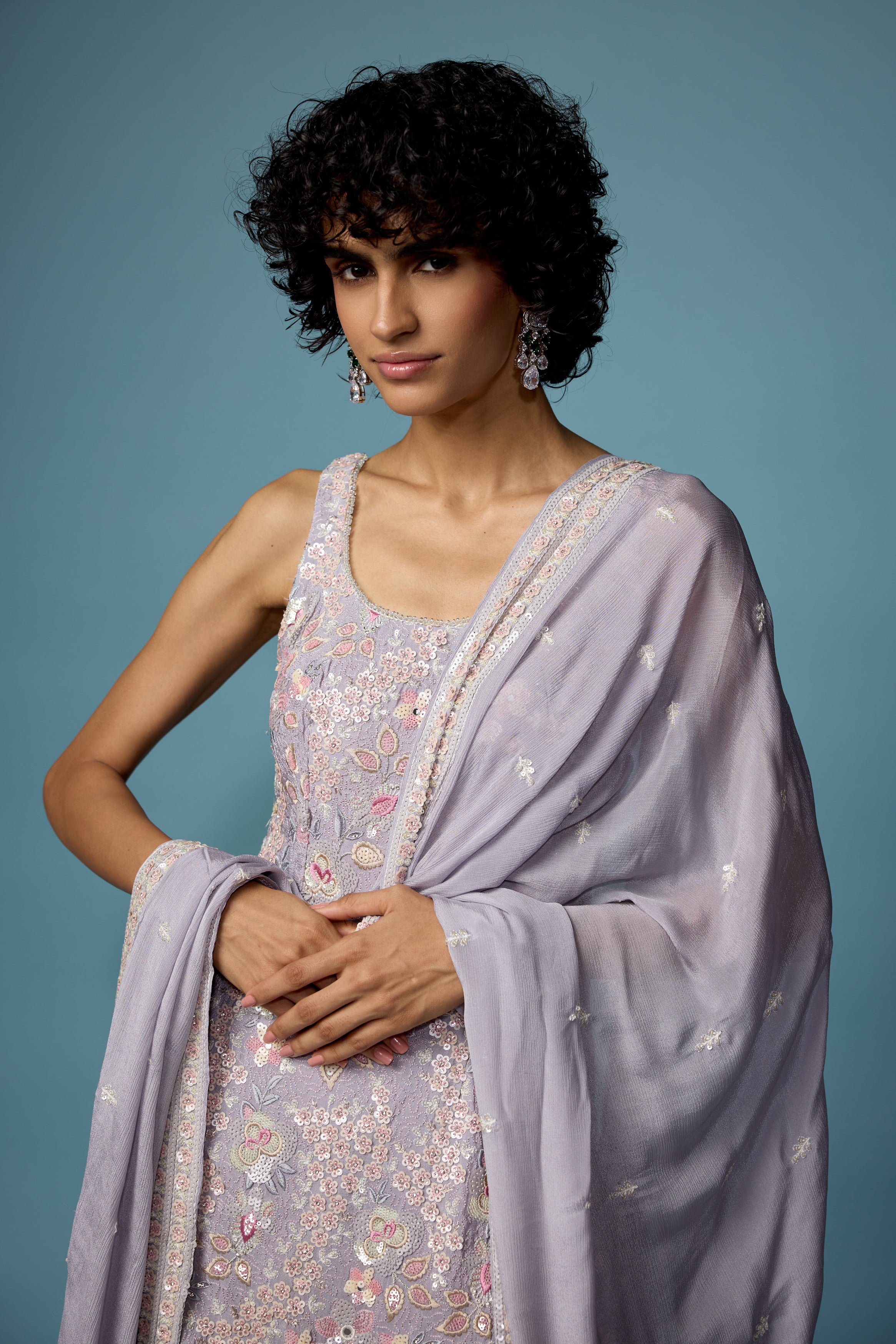 Light Purple Embellished Chinon Silk Palazzo Set