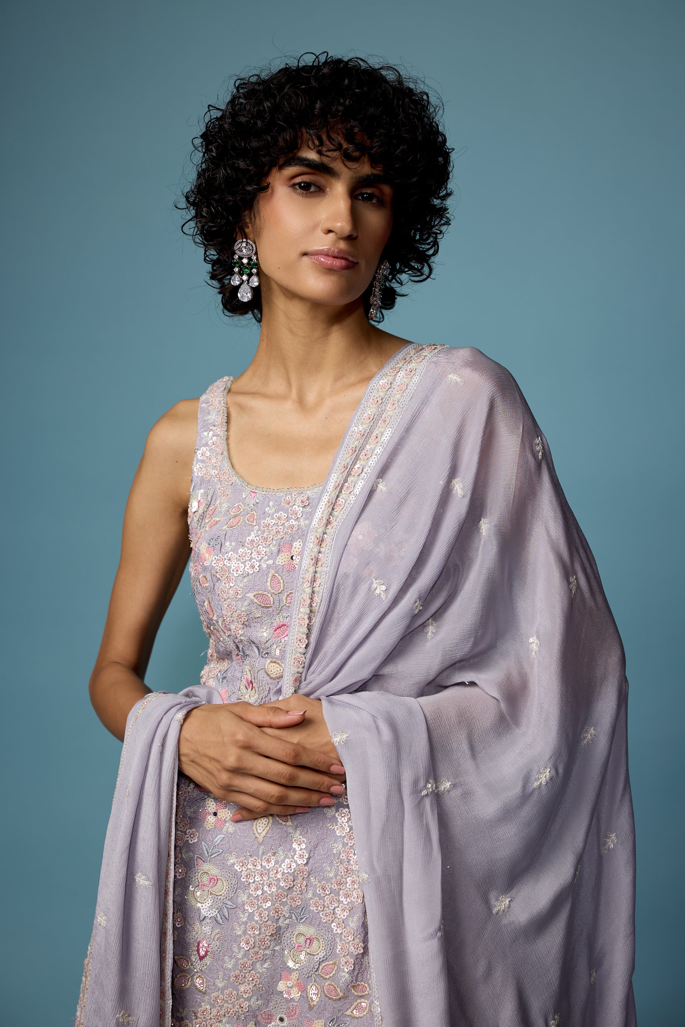 Light Purple Embellished Chinon Silk Palazzo Set