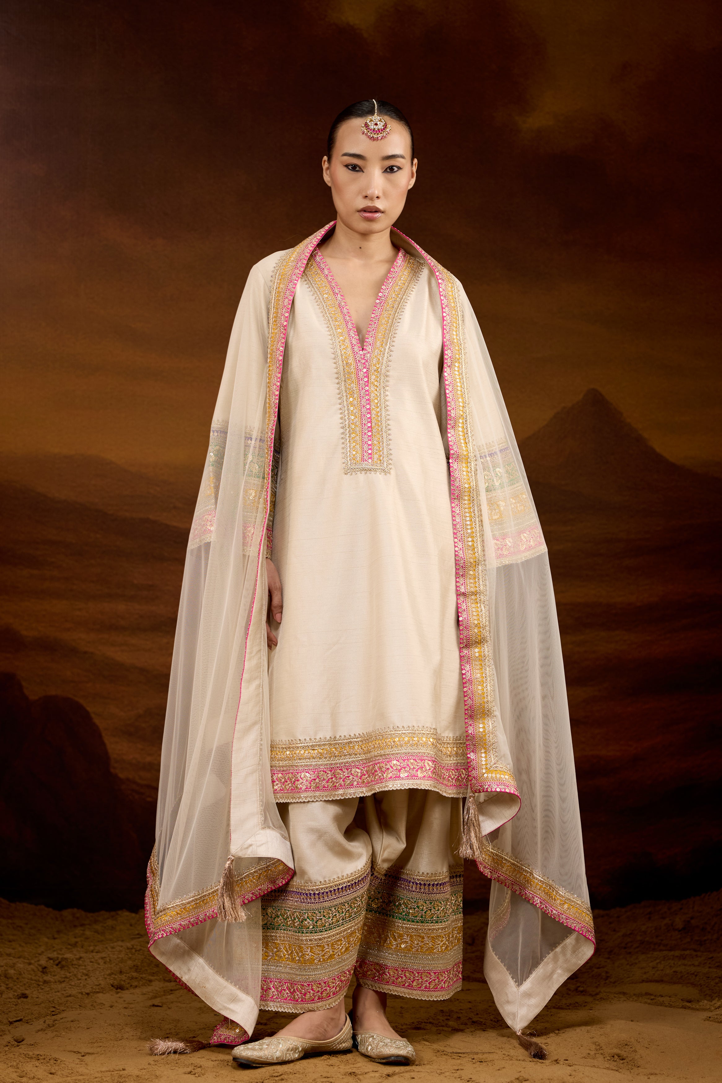 Beige Embellished Raw Silk Palazzo Set