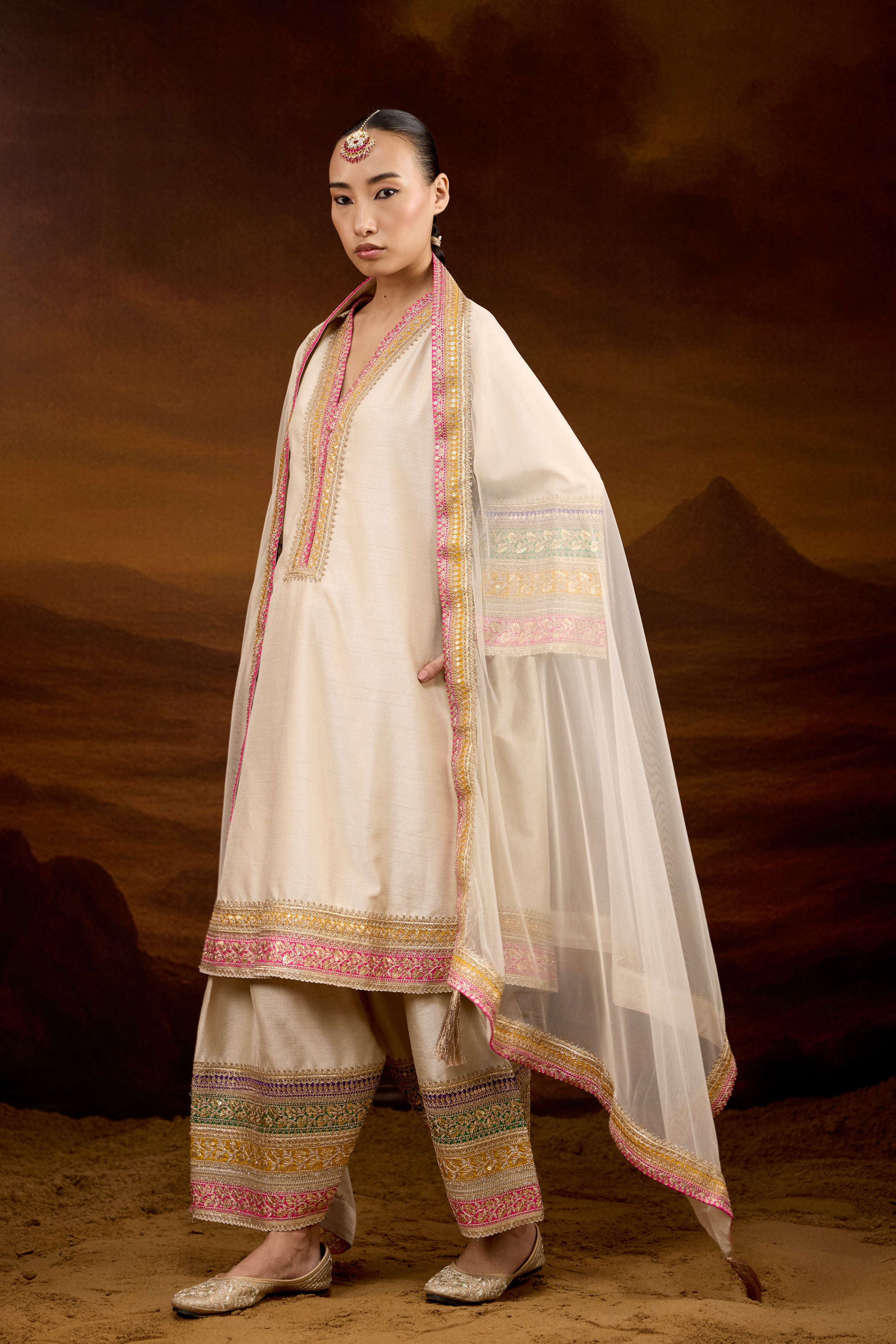Beige Embellished Raw Silk Palazzo Set