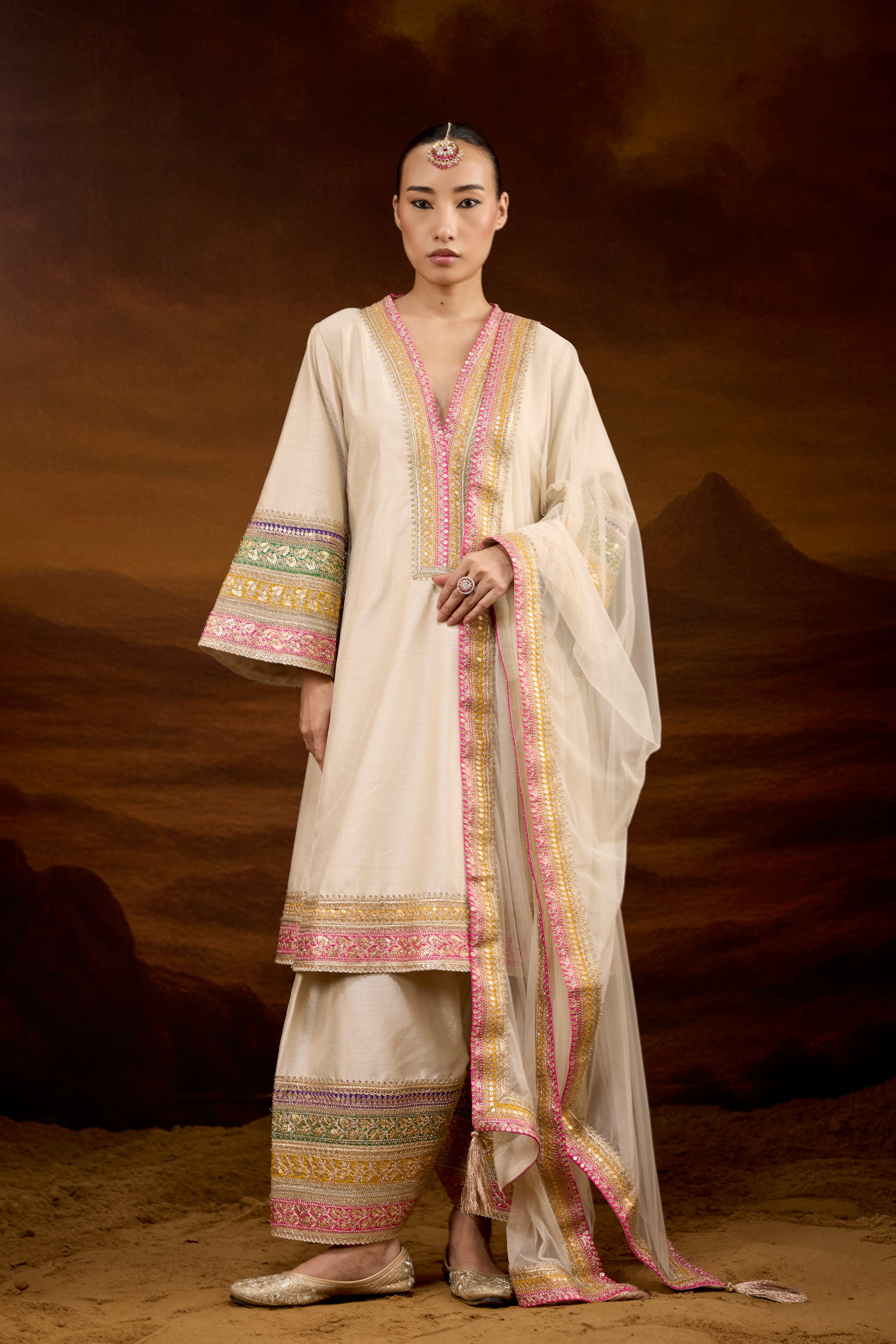 Beige Embellished Raw Silk Palazzo Set