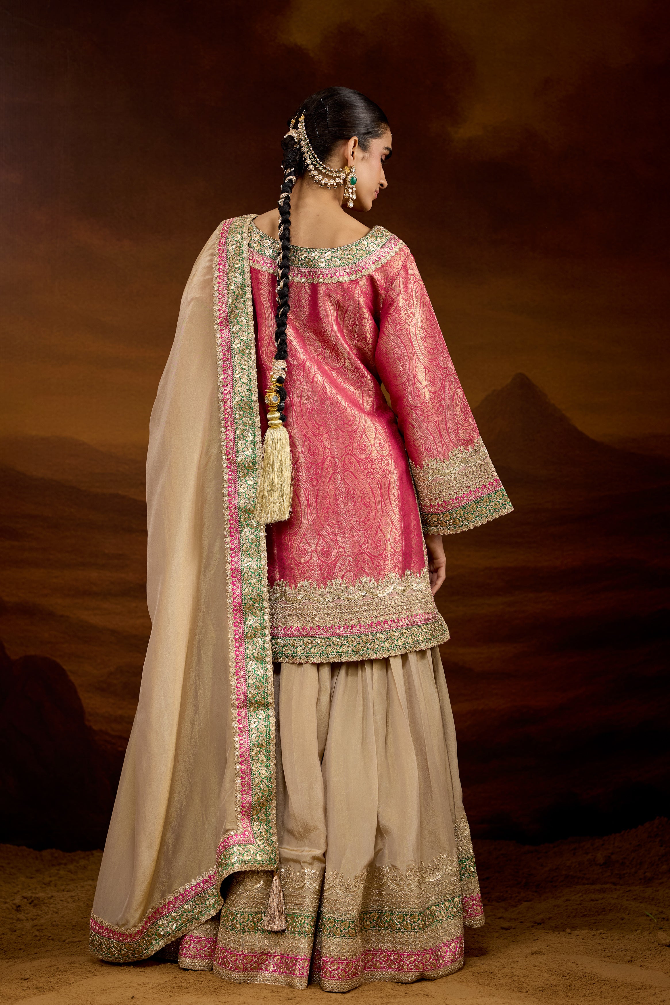 Hot Pink Embellished Brocade Silk Sharara Set