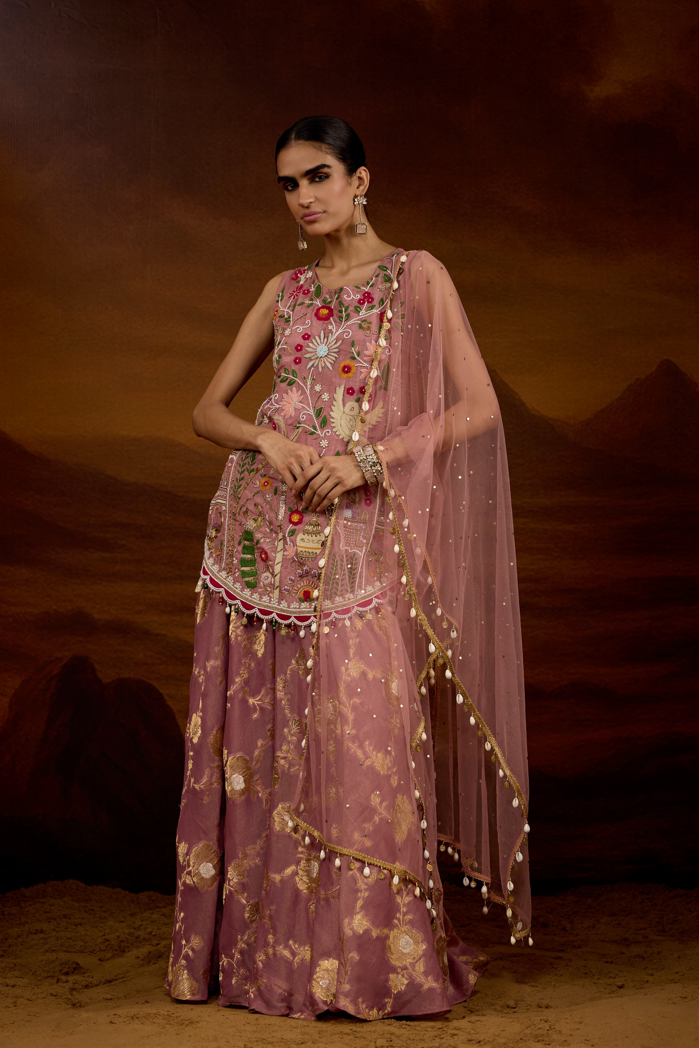 Mauve Pink Embellished Shimmer Tissue Silk Palazzo Set