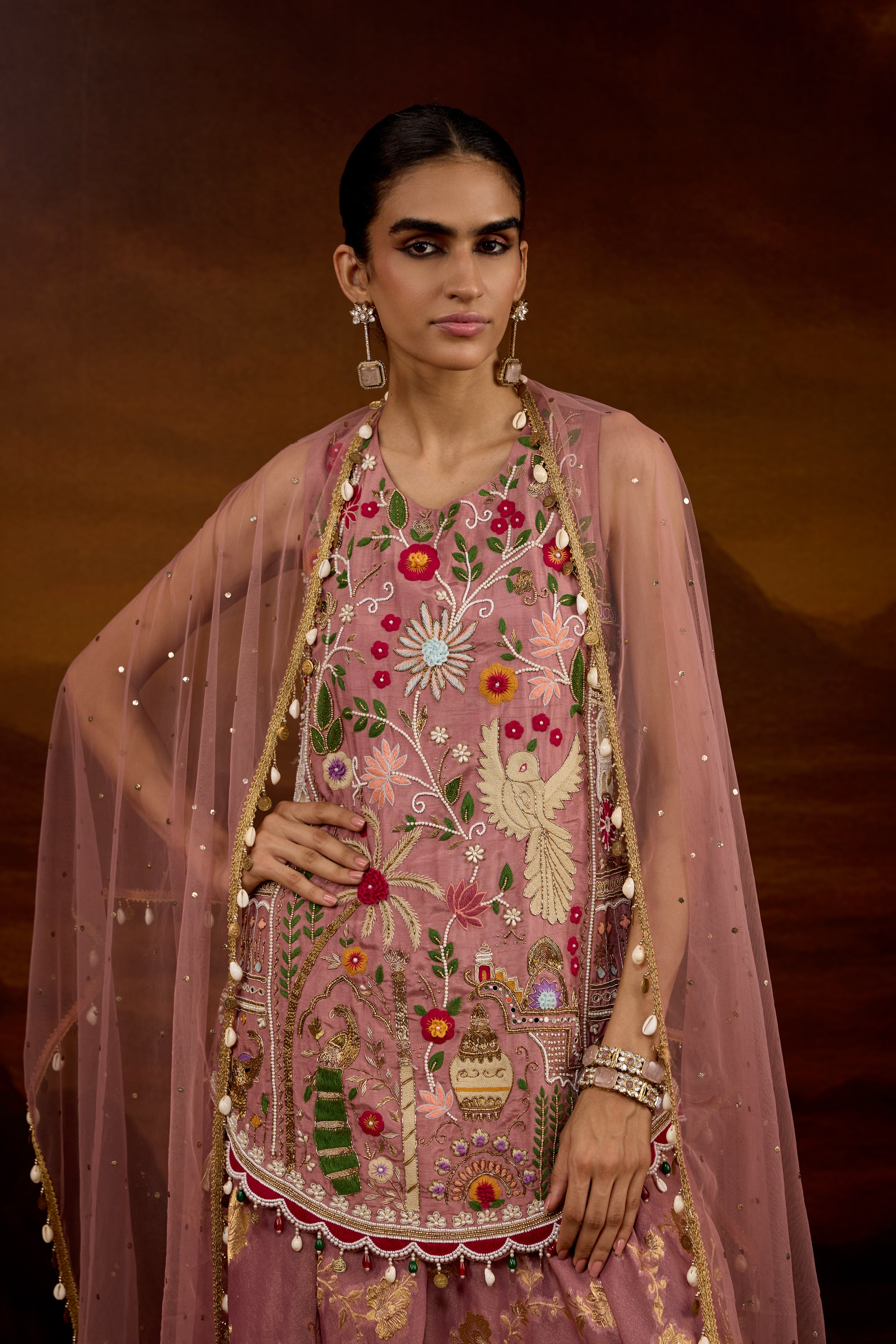 Mauve Pink Embellished Shimmer Tissue Silk Palazzo Set