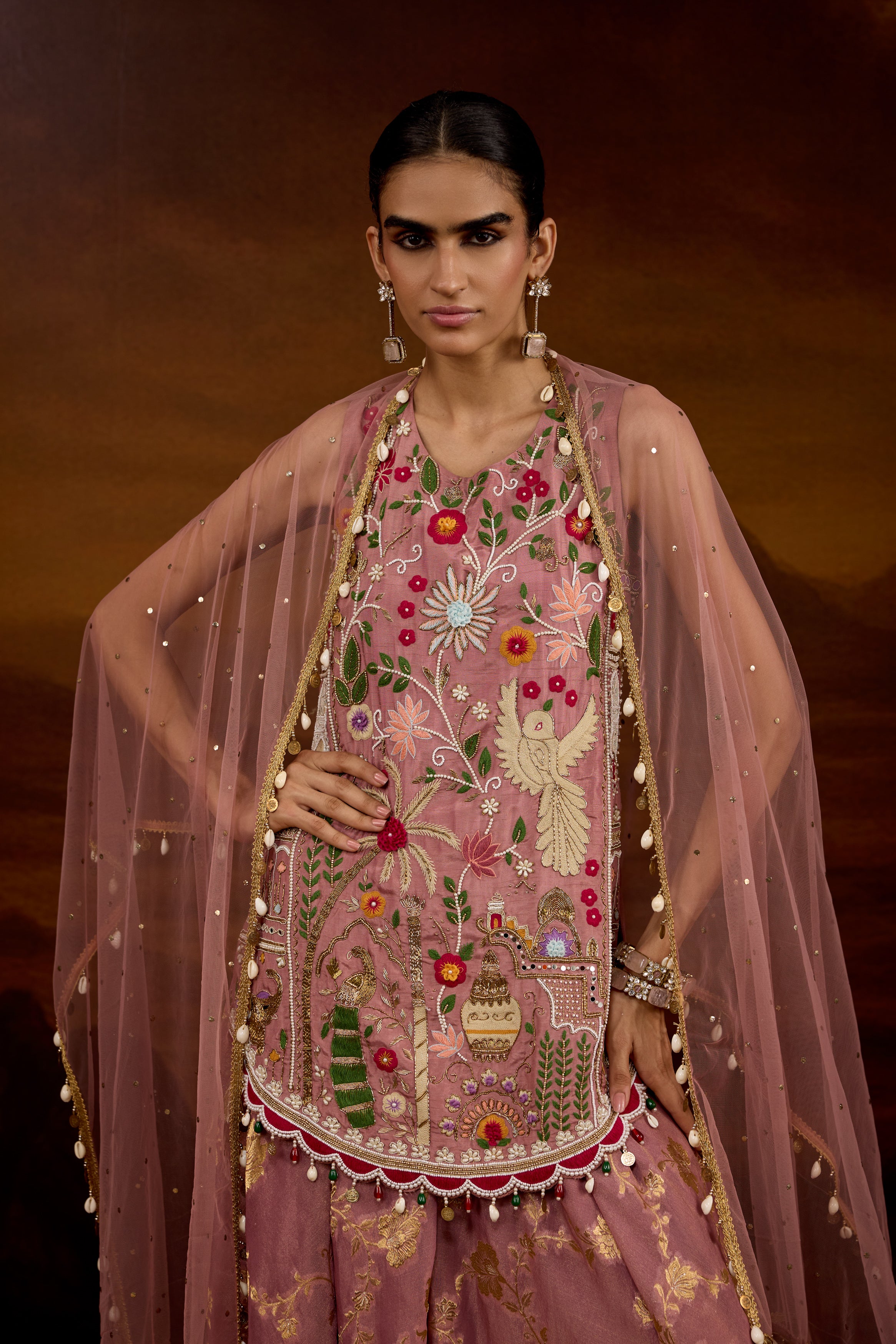 Mauve Pink Embellished Shimmer Tissue Silk Palazzo Set