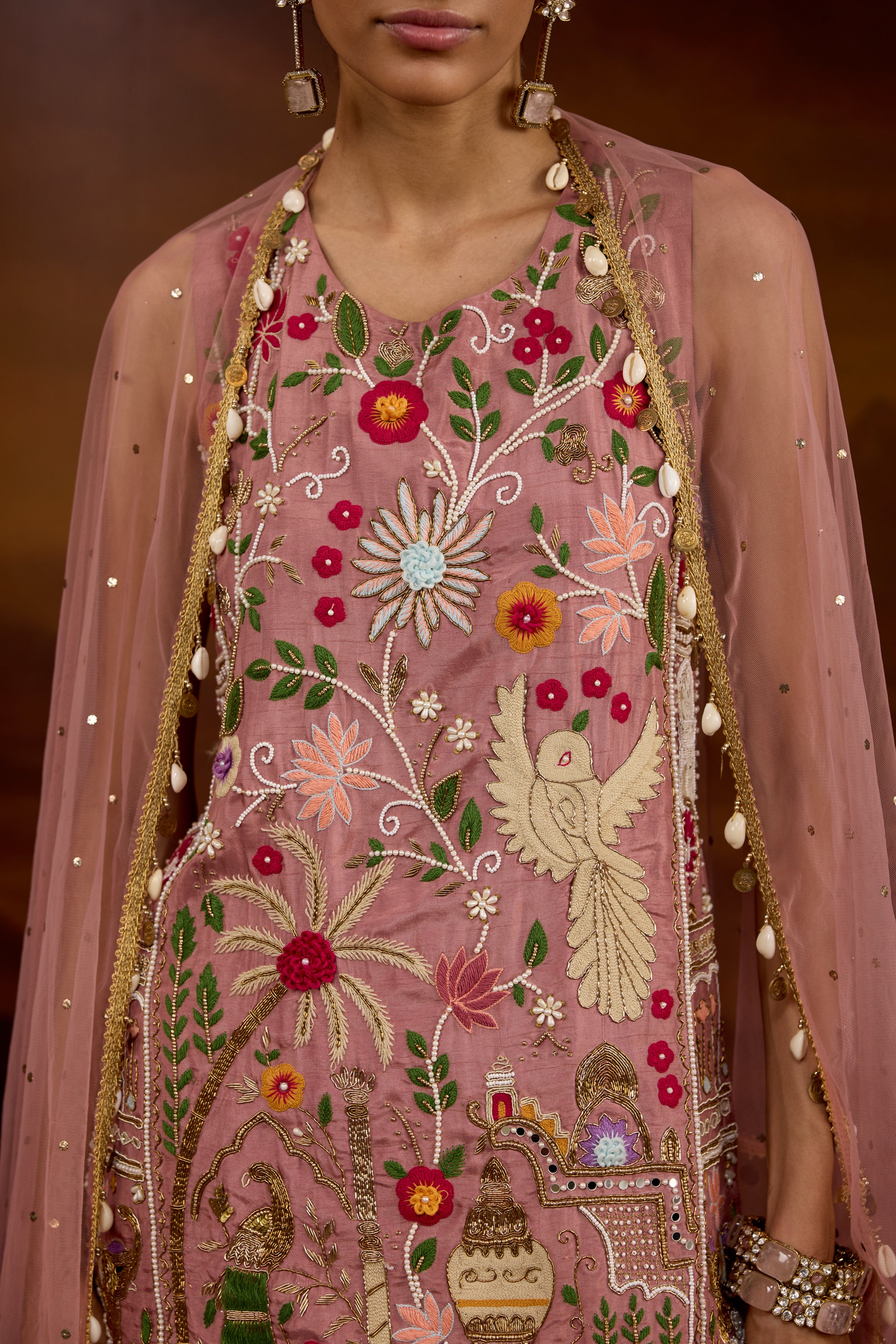 Mauve Pink Embellished Shimmer Tissue Silk Palazzo Set