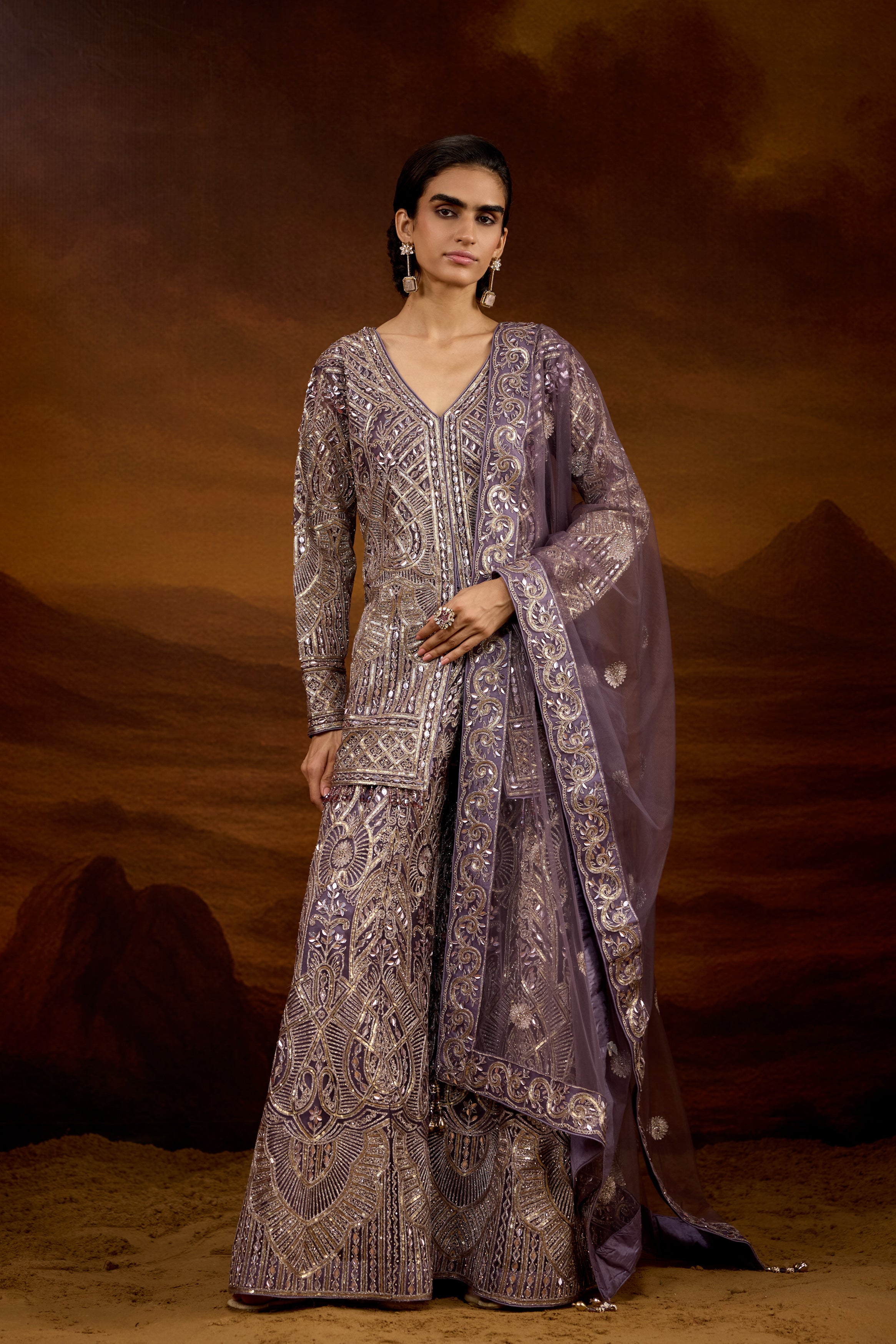 Grayish-Purple Embellished Organic Mono Net Palazzo Set