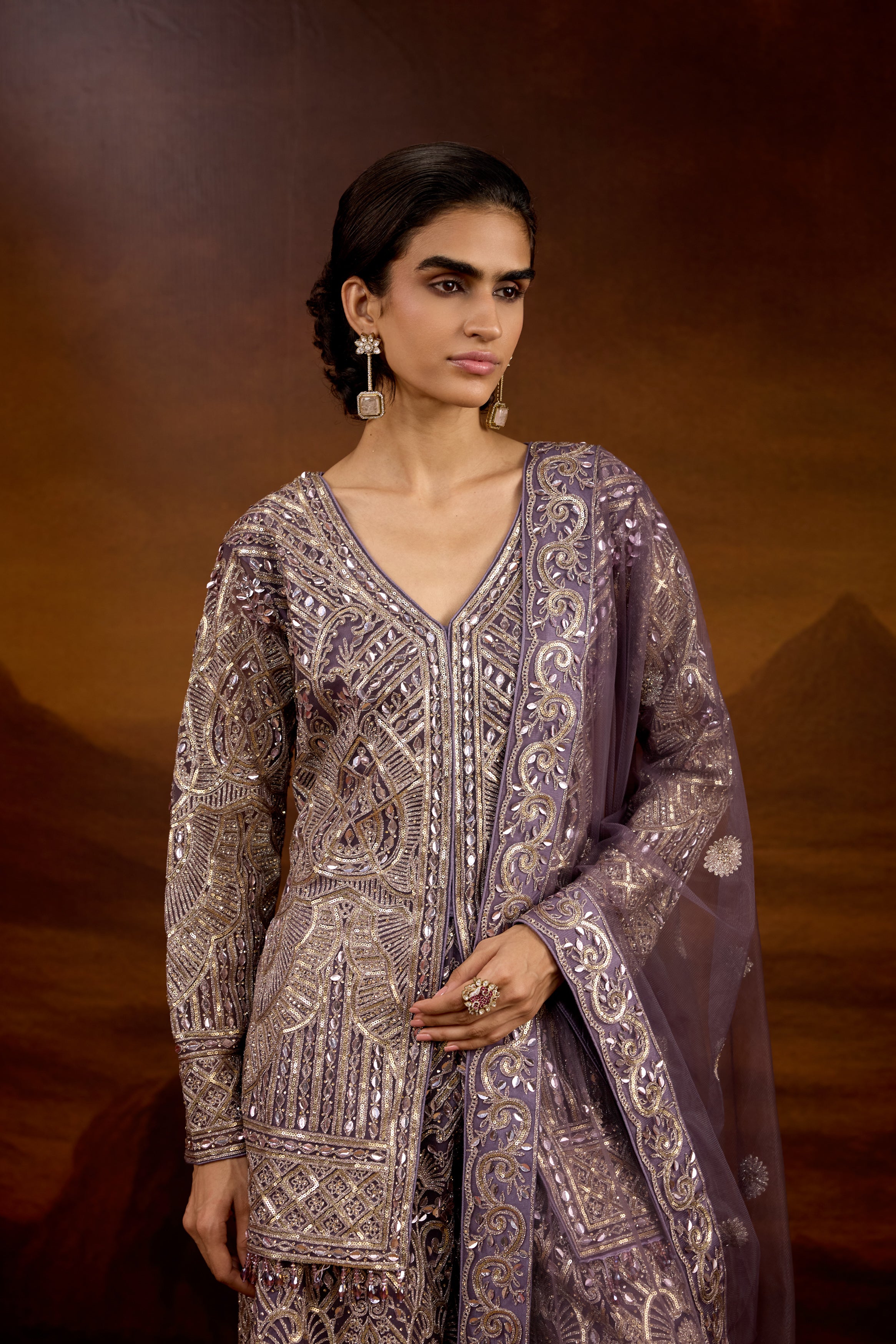 Grayish-Purple Embellished Organic Mono Net Palazzo Set