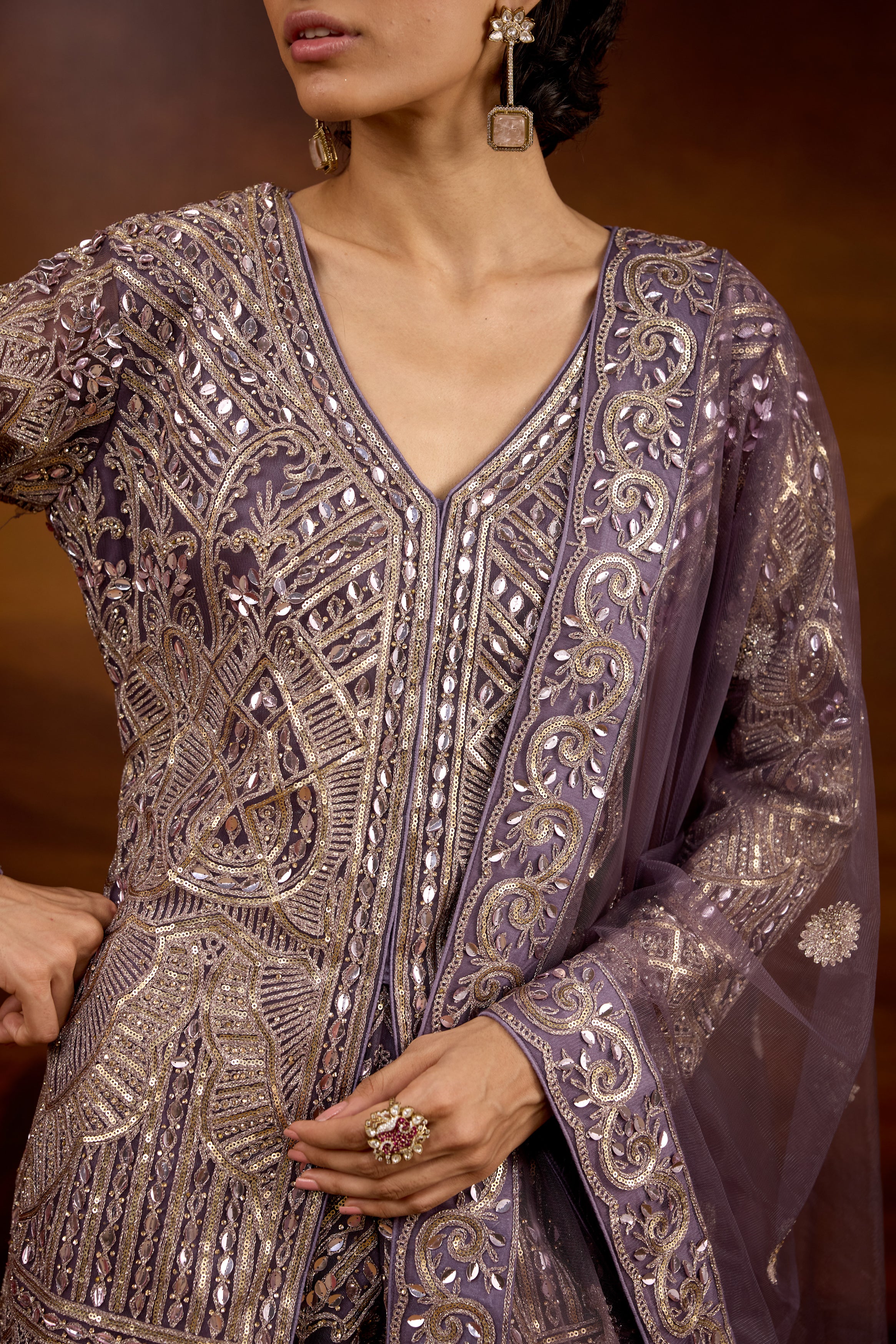 Grayish-Purple Embellished Organic Mono Net Palazzo Set