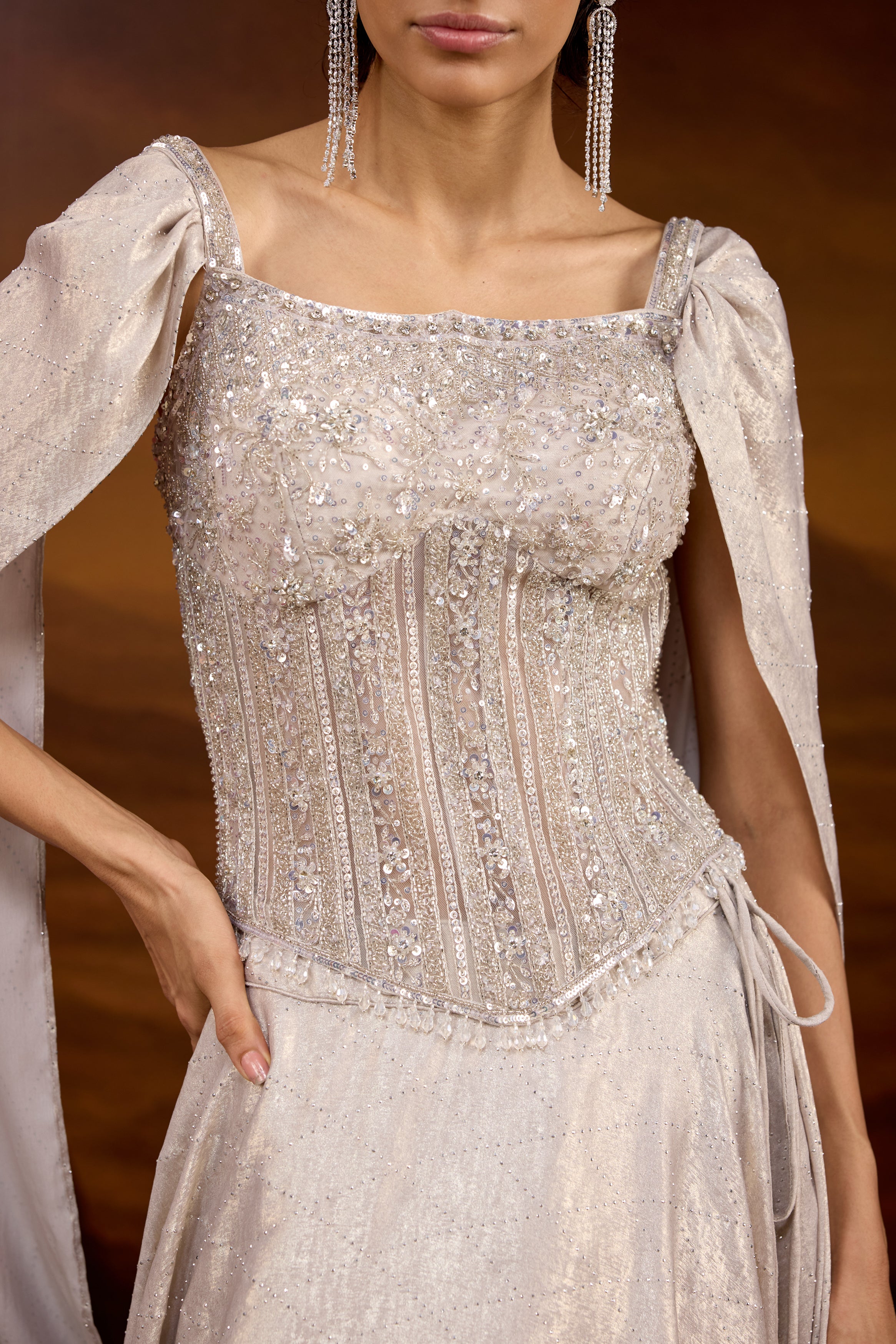 Champagne Silver Embellished Raw Silk Silk Lehenga Set