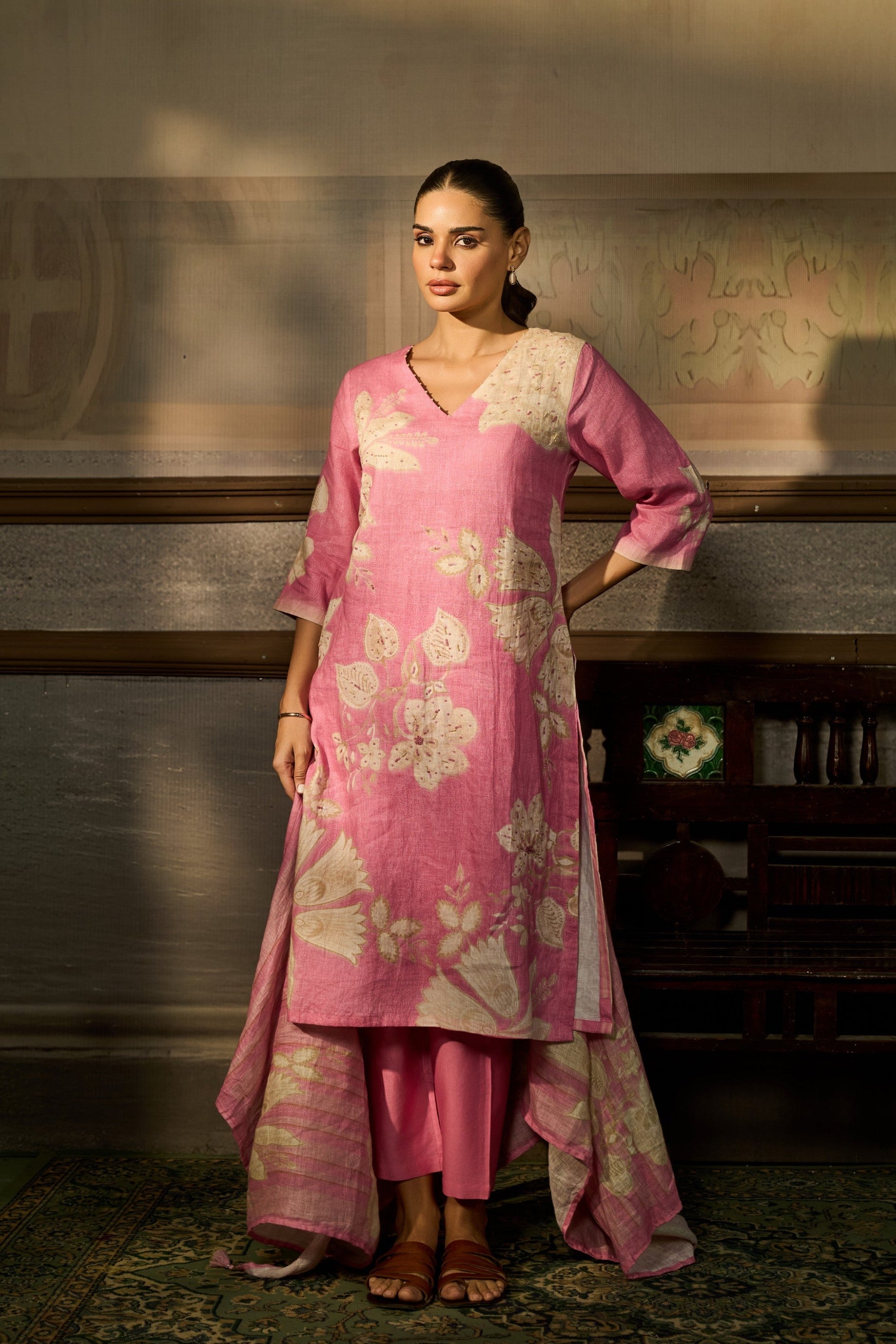 Pink Printed Linen Pant Set