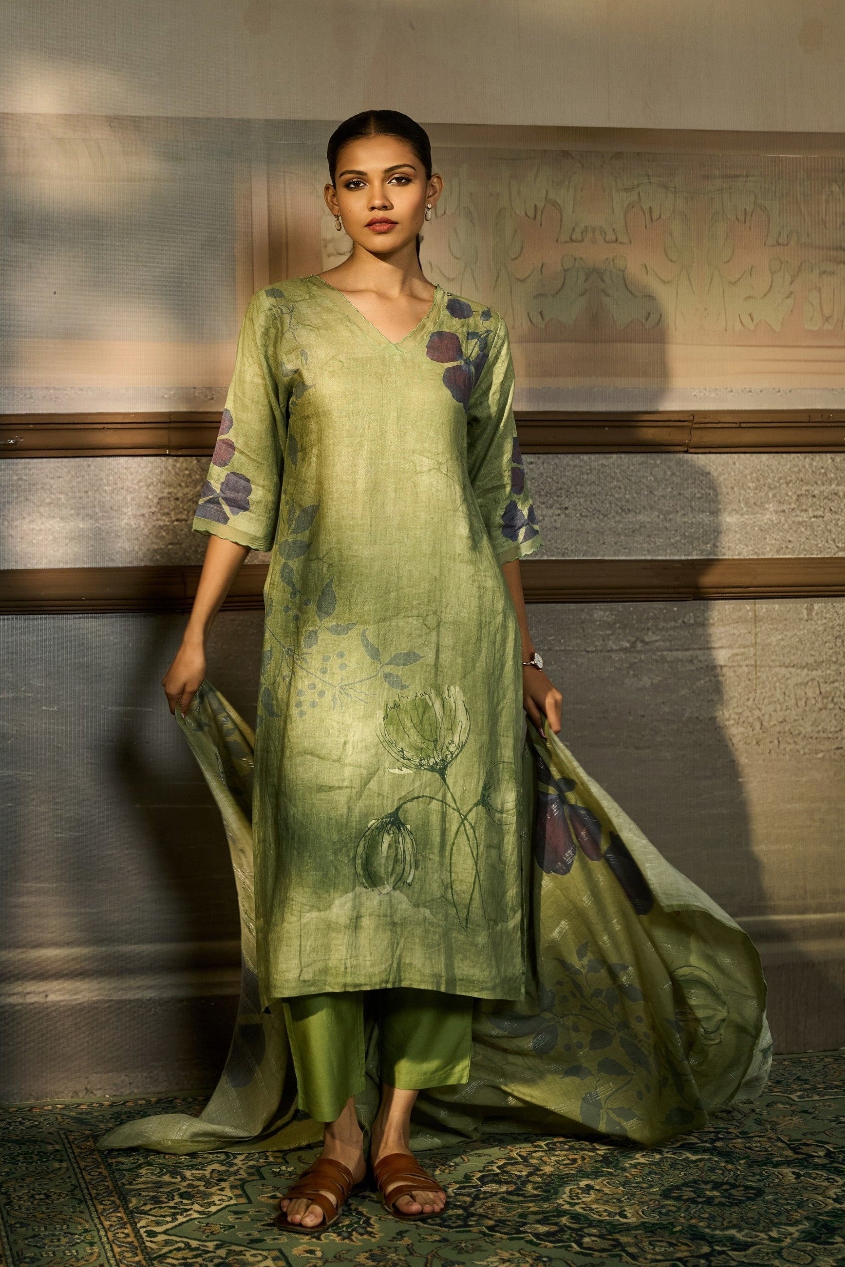 Sage Green Embellished Linen Pant Set