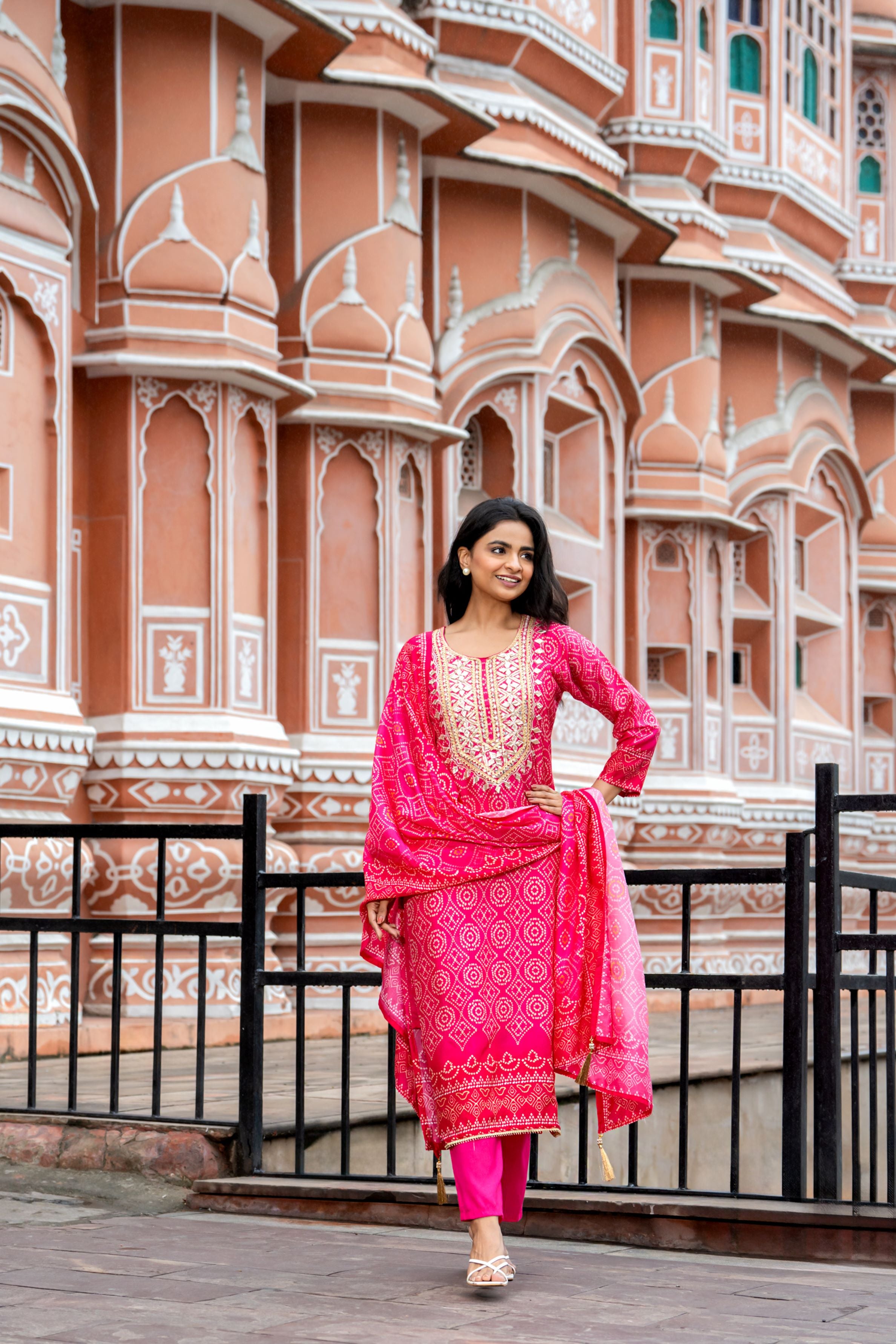 Pink Bandhej Printed Premium Silk Pants Set