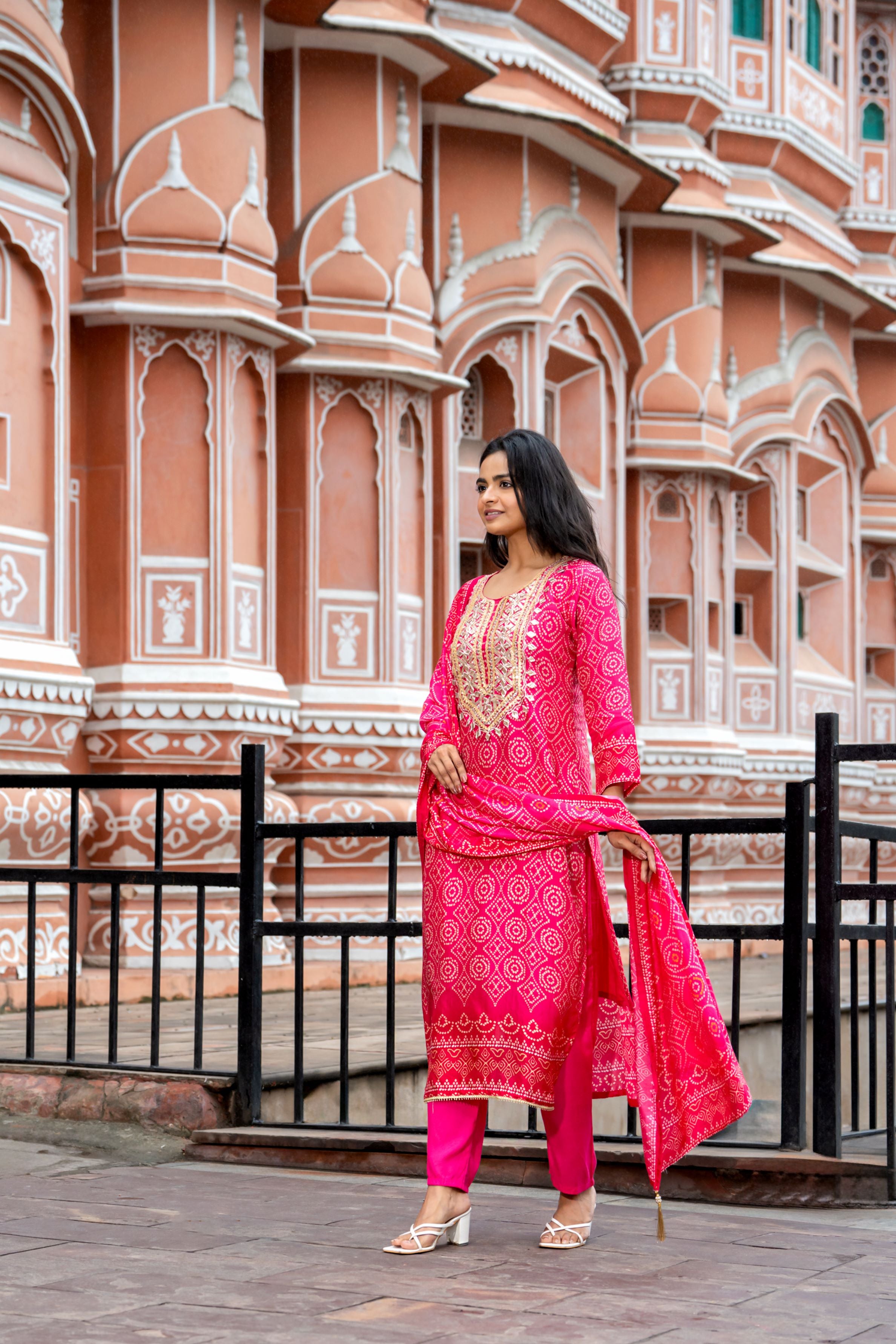 Pink Bandhej Printed Premium Silk Pants Set