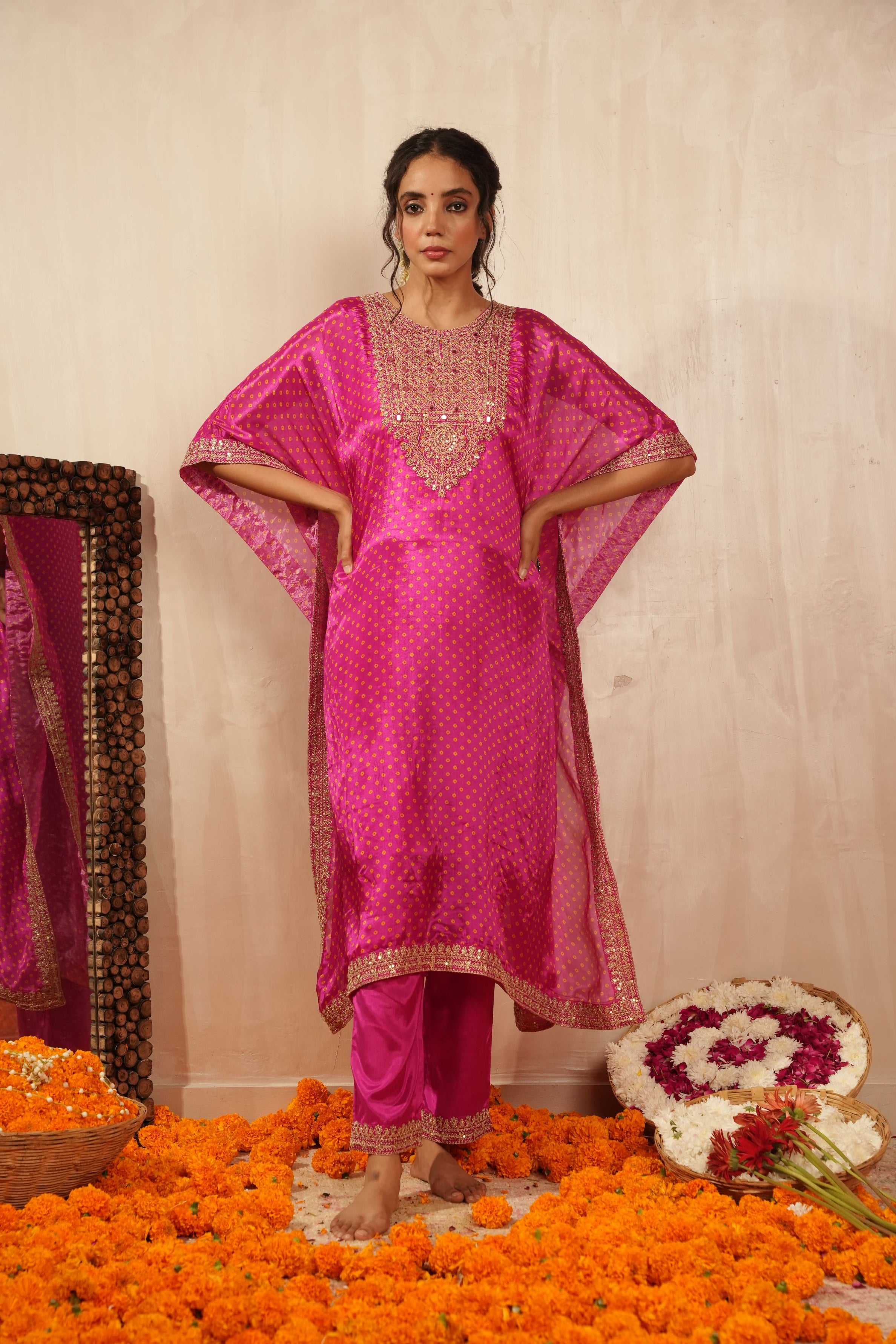 Pink Bandhej Printed Premium Silk Kaftan Set