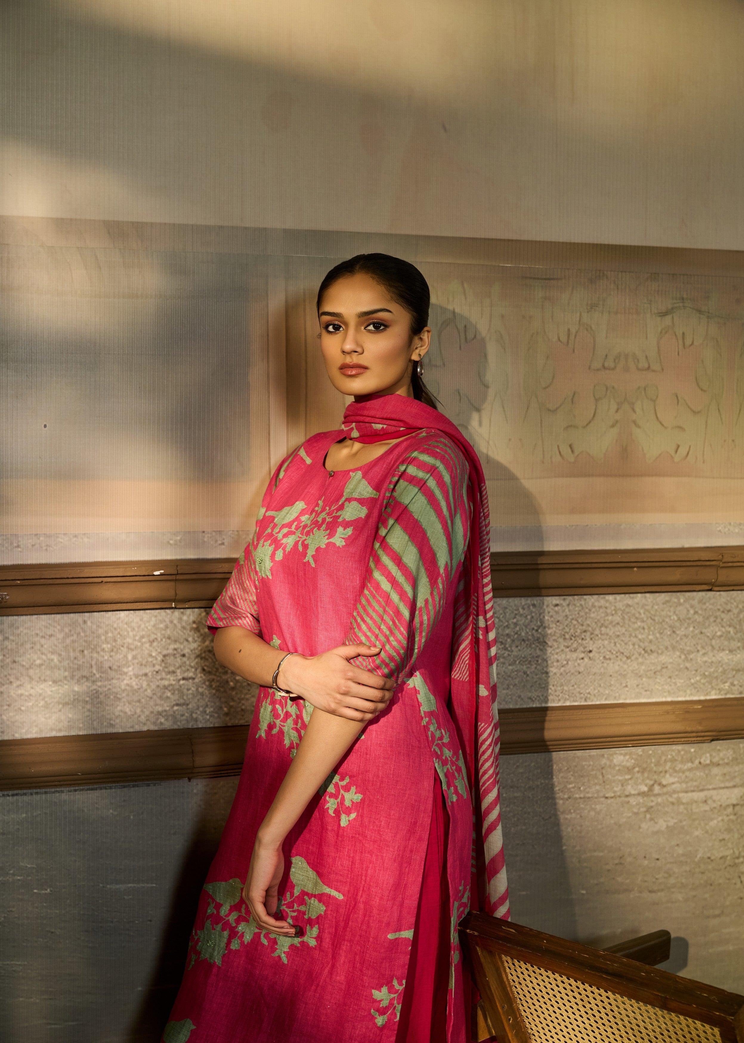 Magenta Pink Printed Linen Pant Set