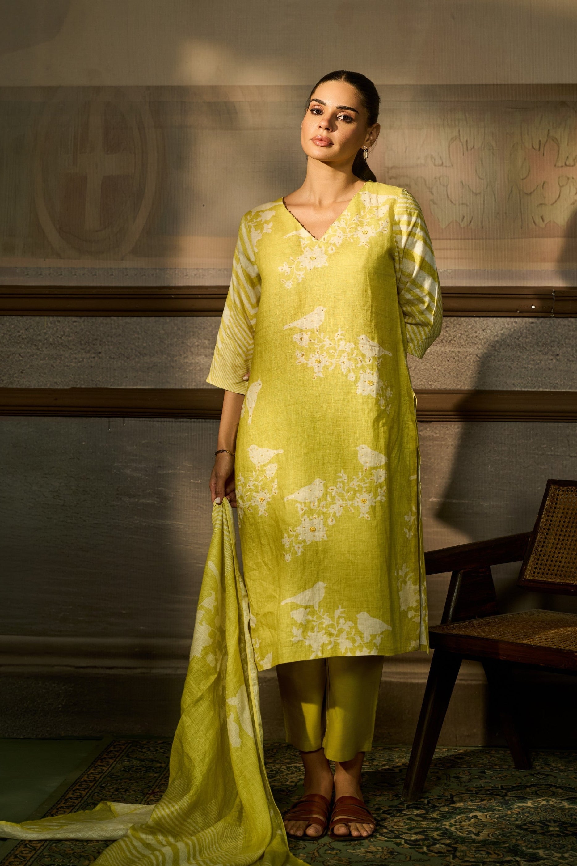 Lime Green Printed Linen Pant Set